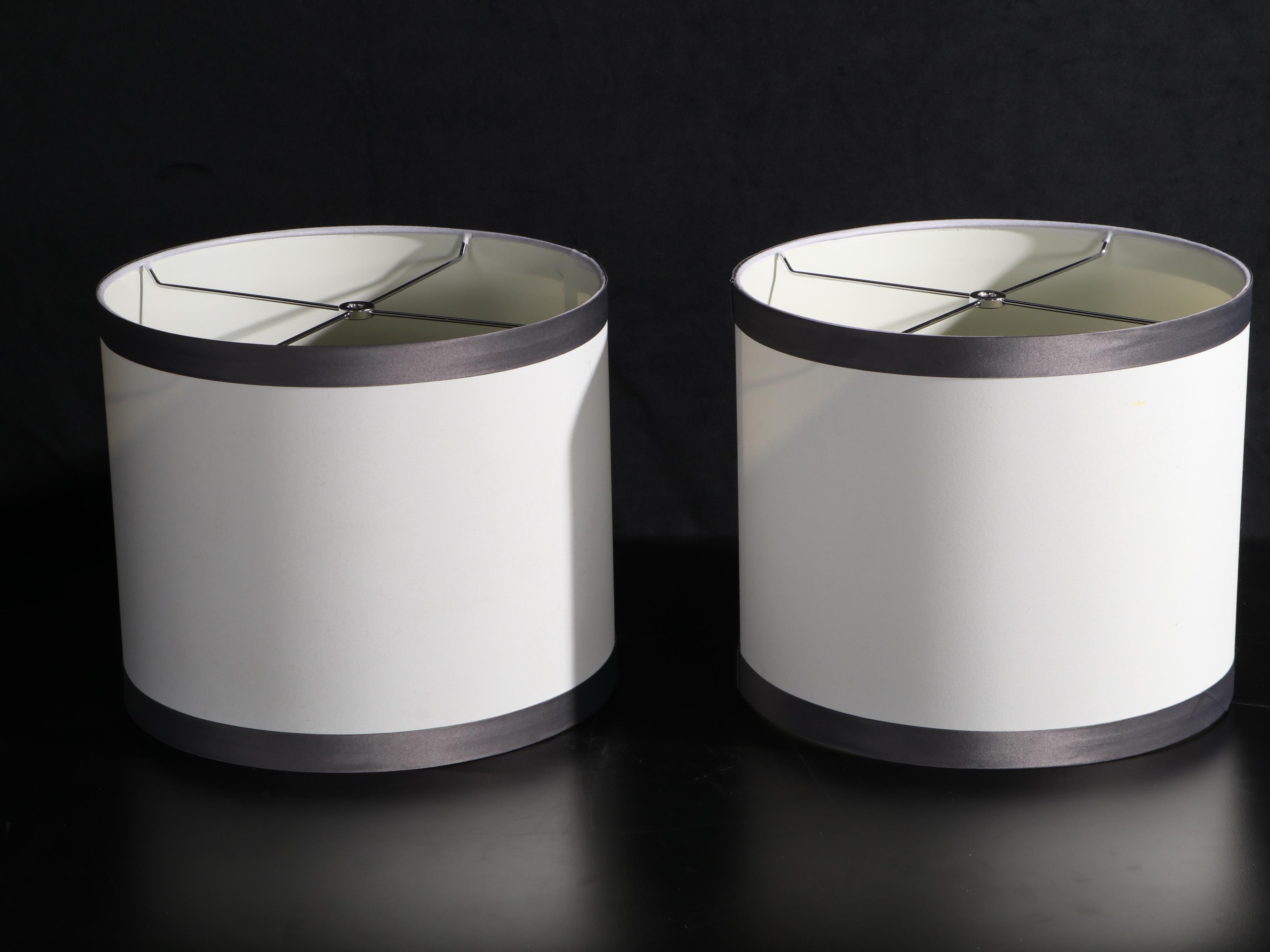 Pair of Glass and Chromed Metal Table Lamps With Tailored Shades