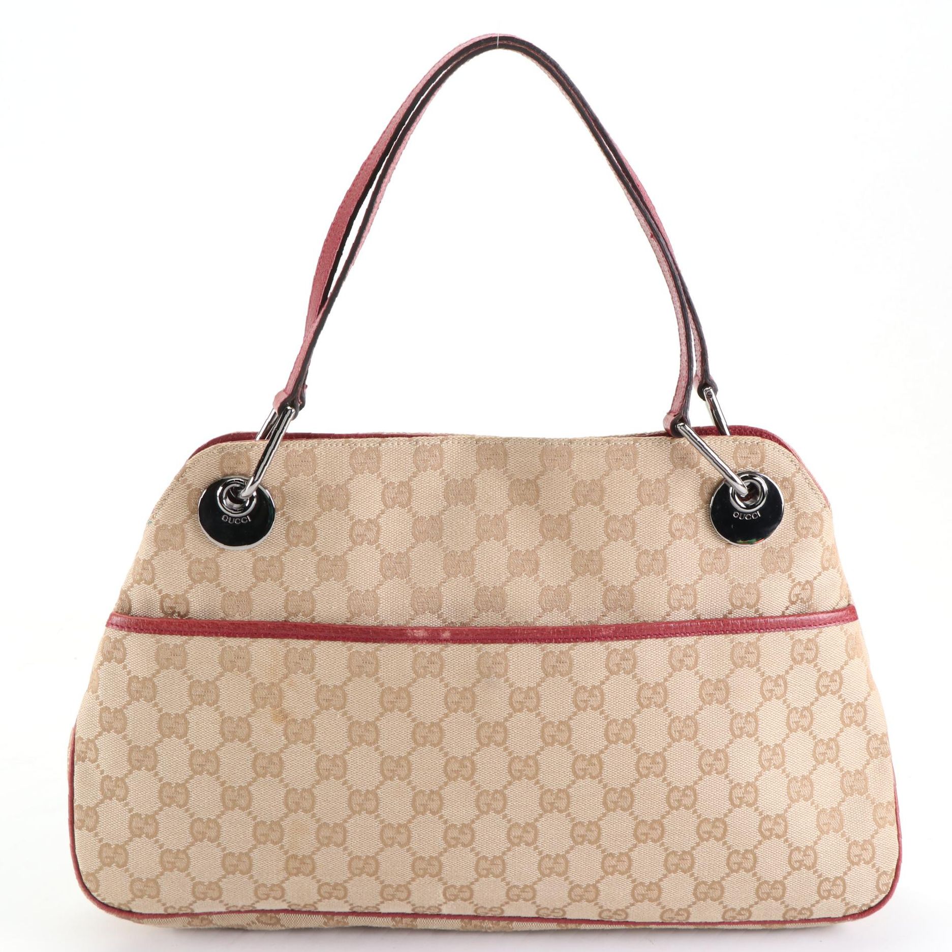 Gucci Eclipse Shoulder Bag in GG Canvas with Red Cinghiale Leather Trim