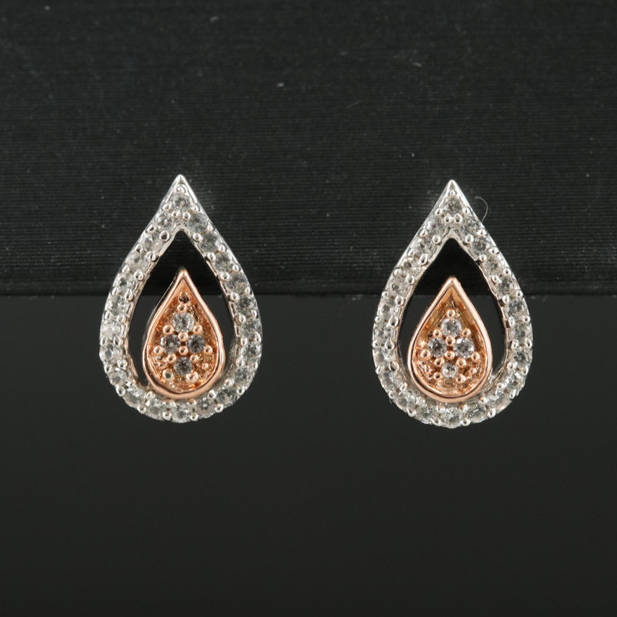 Sterling White Sapphire Teardrop Earrings with 10K Rose Gold Accents