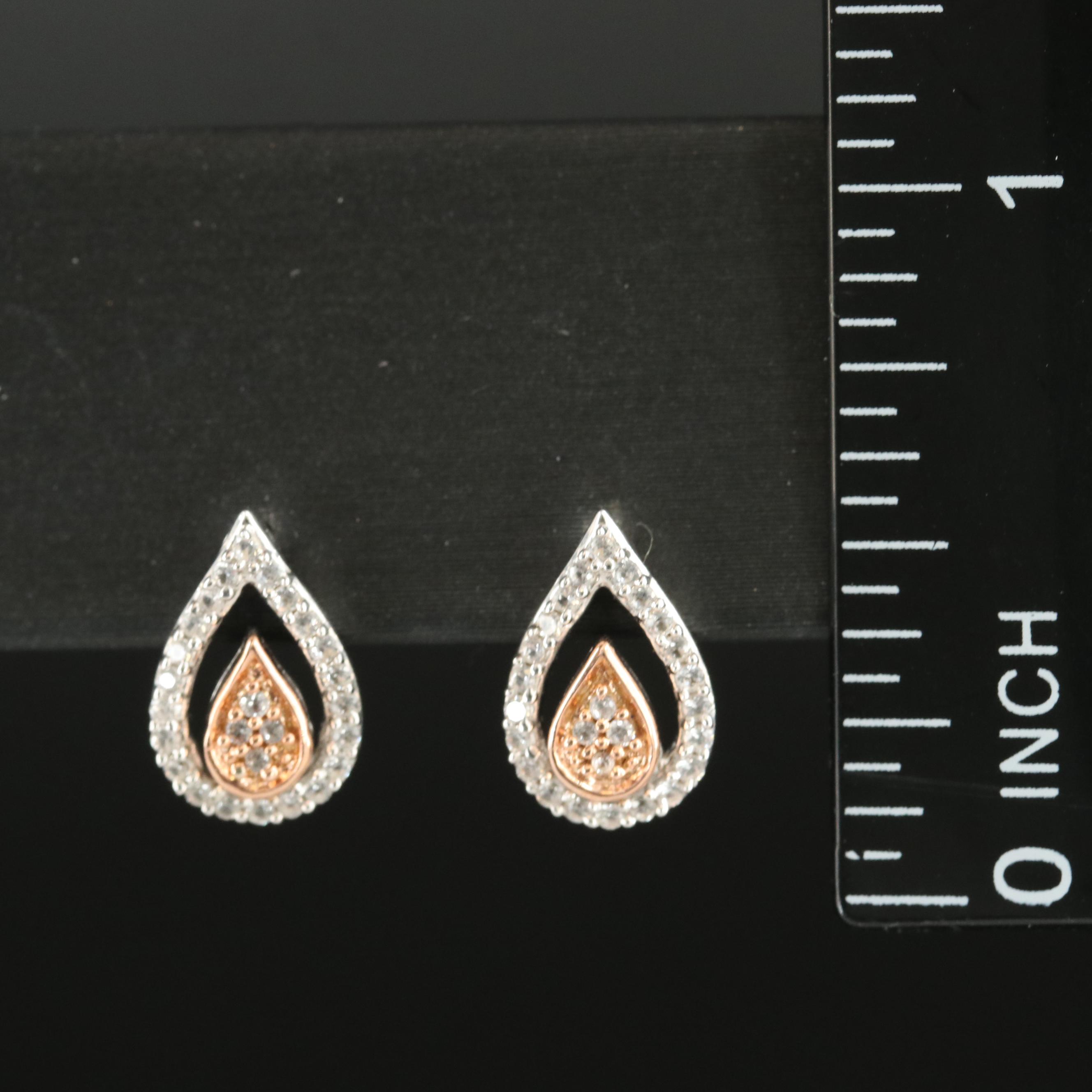 Sterling White Sapphire Teardrop Earrings with 10K Rose Gold Accents