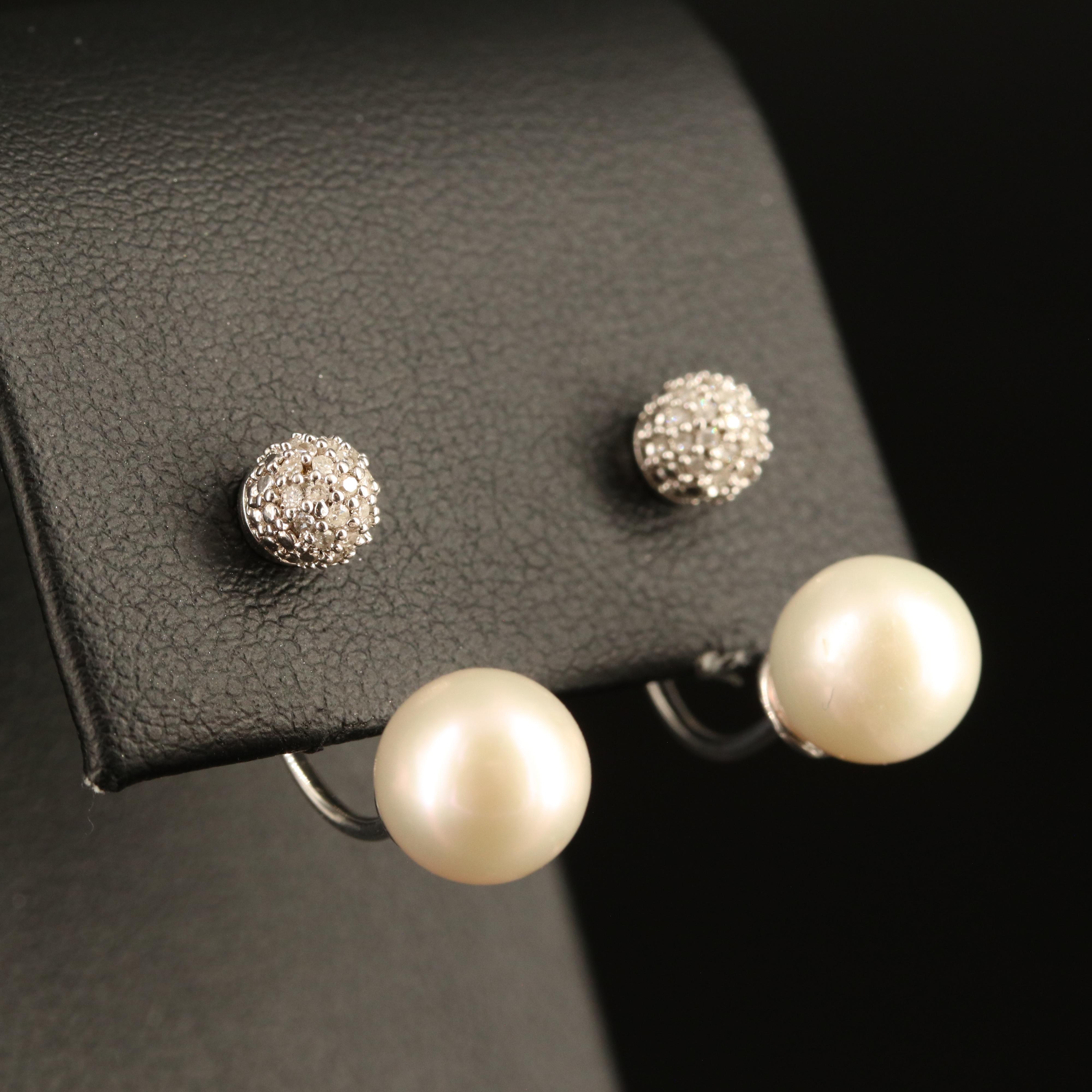 Sterling Diamond Stud Earrings with Pearl Enhancers