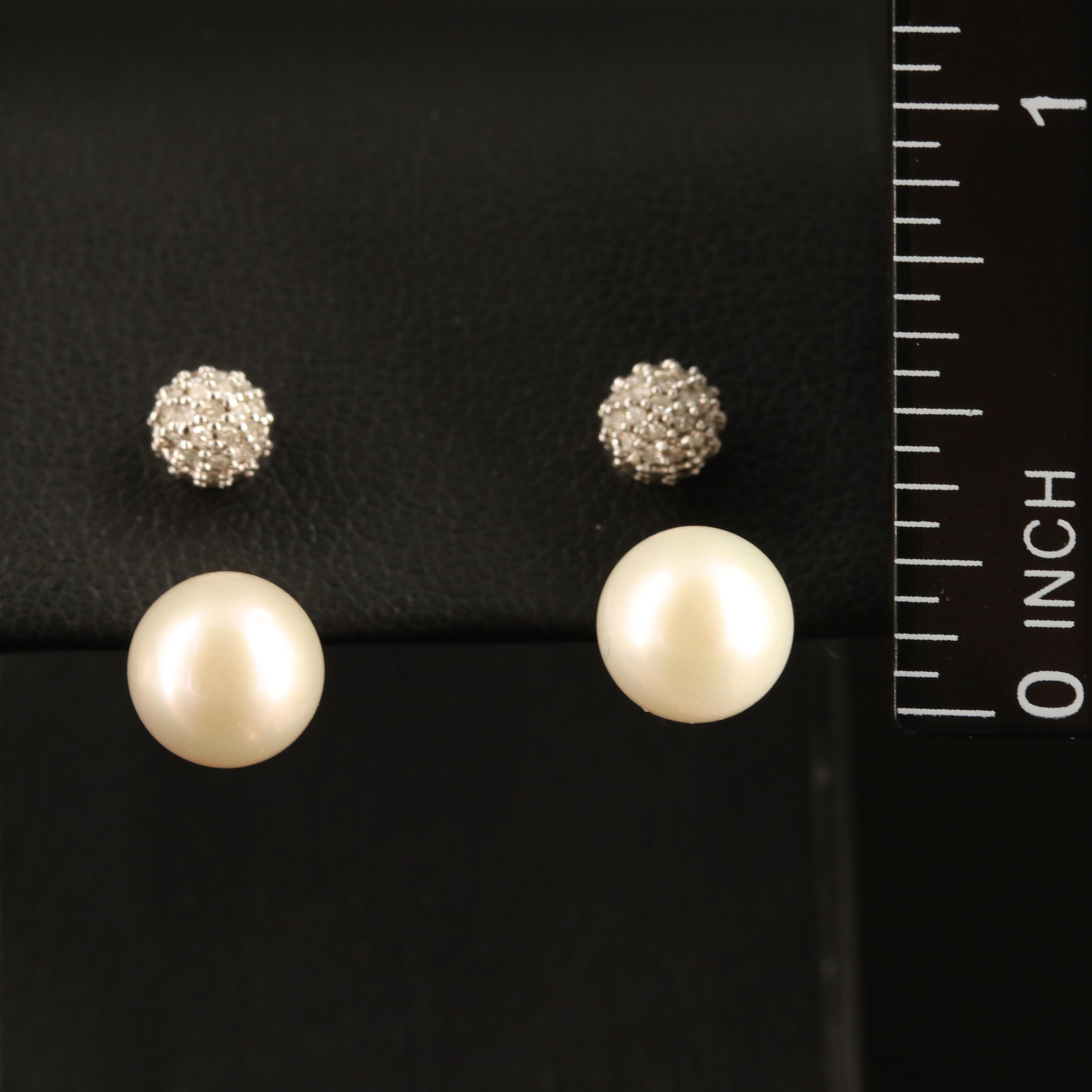 Sterling Diamond Stud Earrings with Pearl Enhancers