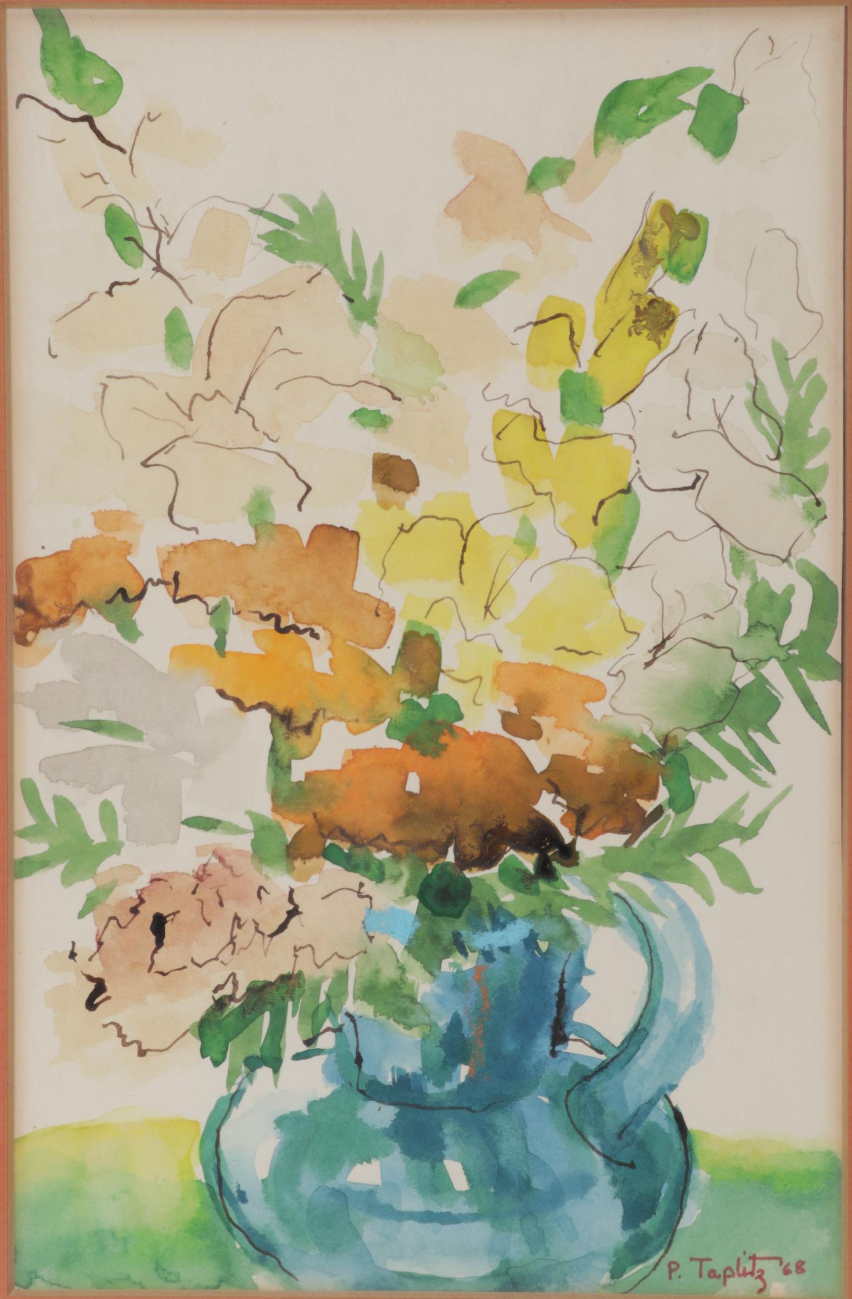 Phyllis Taplitz Floral Still Life Watercolor Painting, 1968