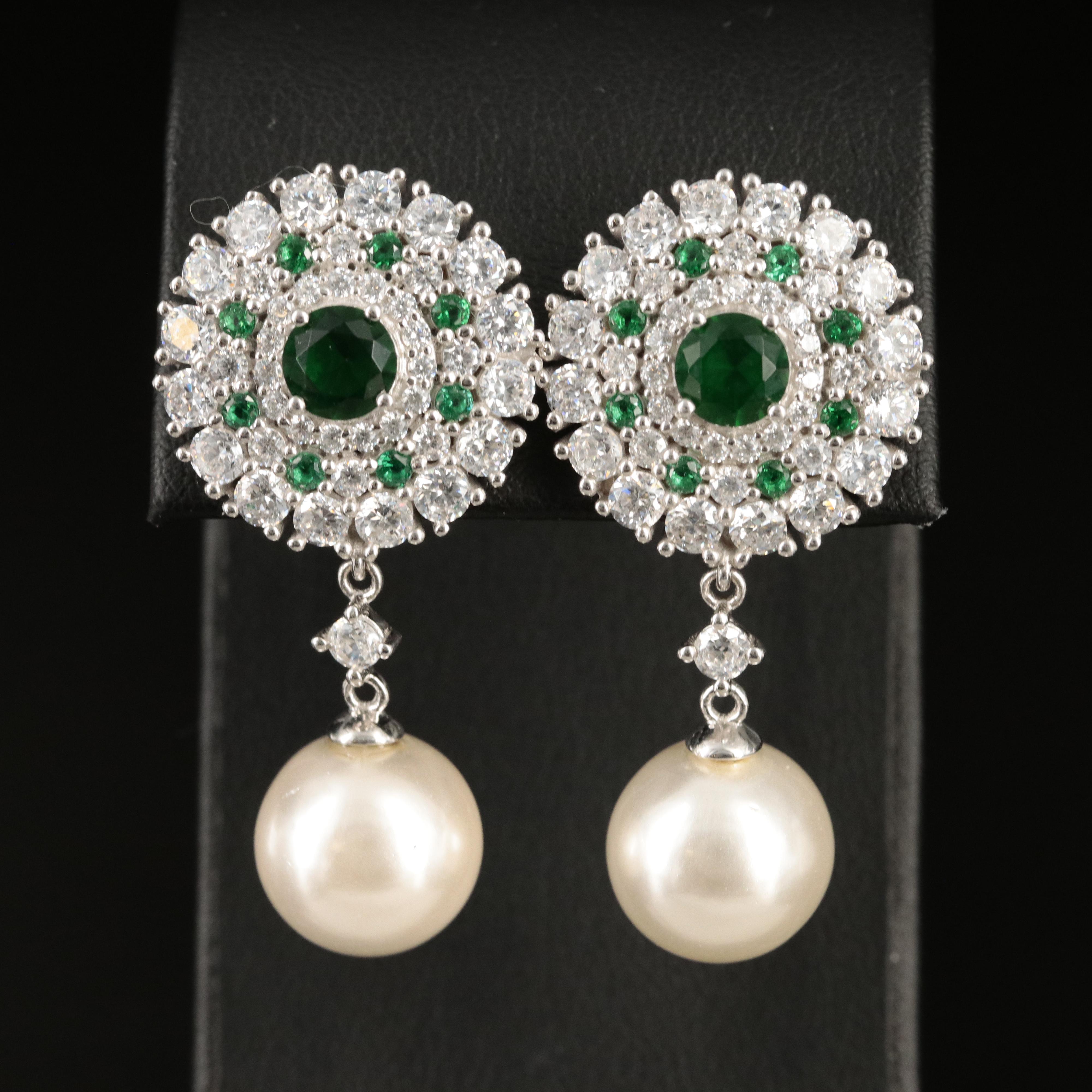 Sterling Cubic Zirconia, Glass and Faux Pearl Earrings