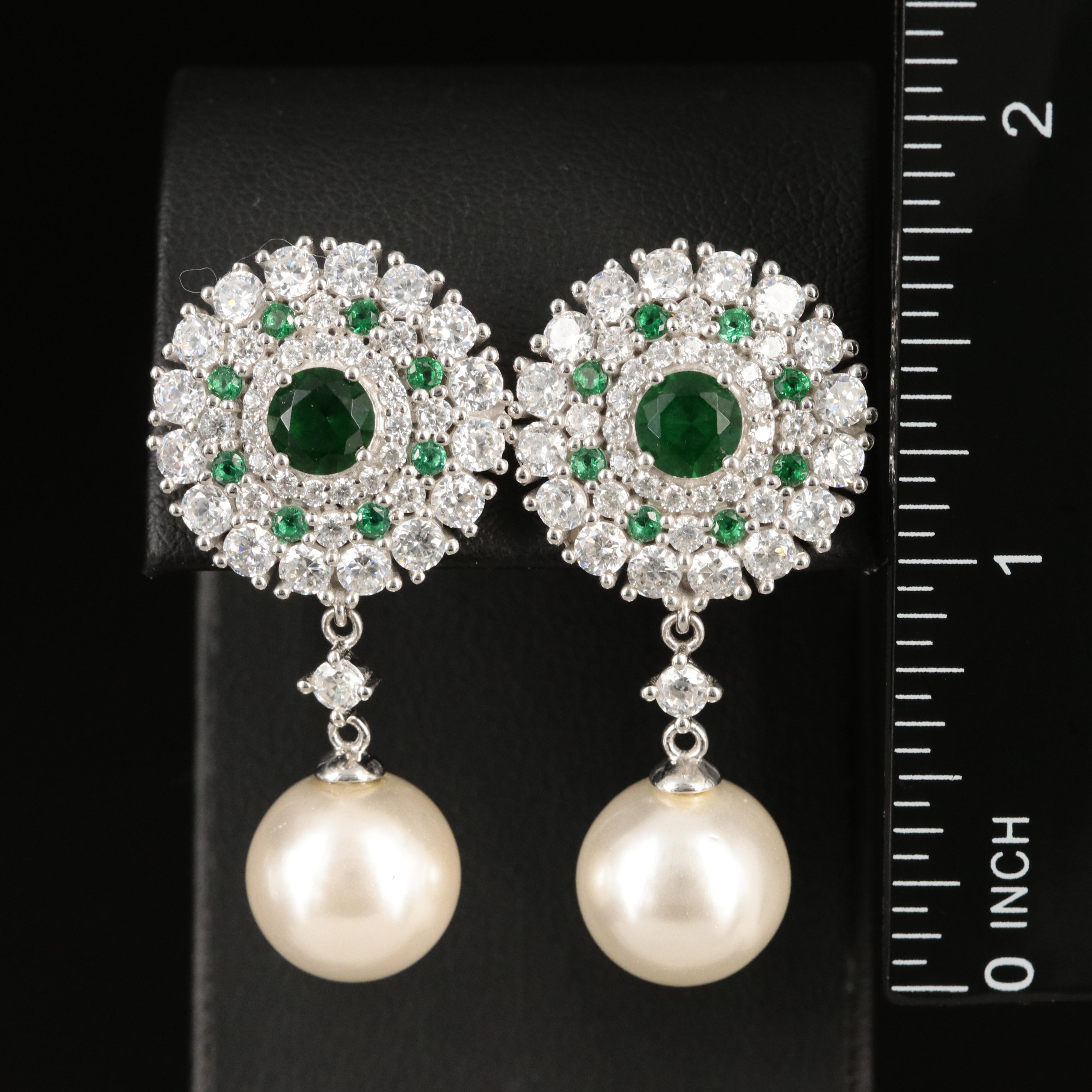 Sterling Cubic Zirconia, Glass and Faux Pearl Earrings