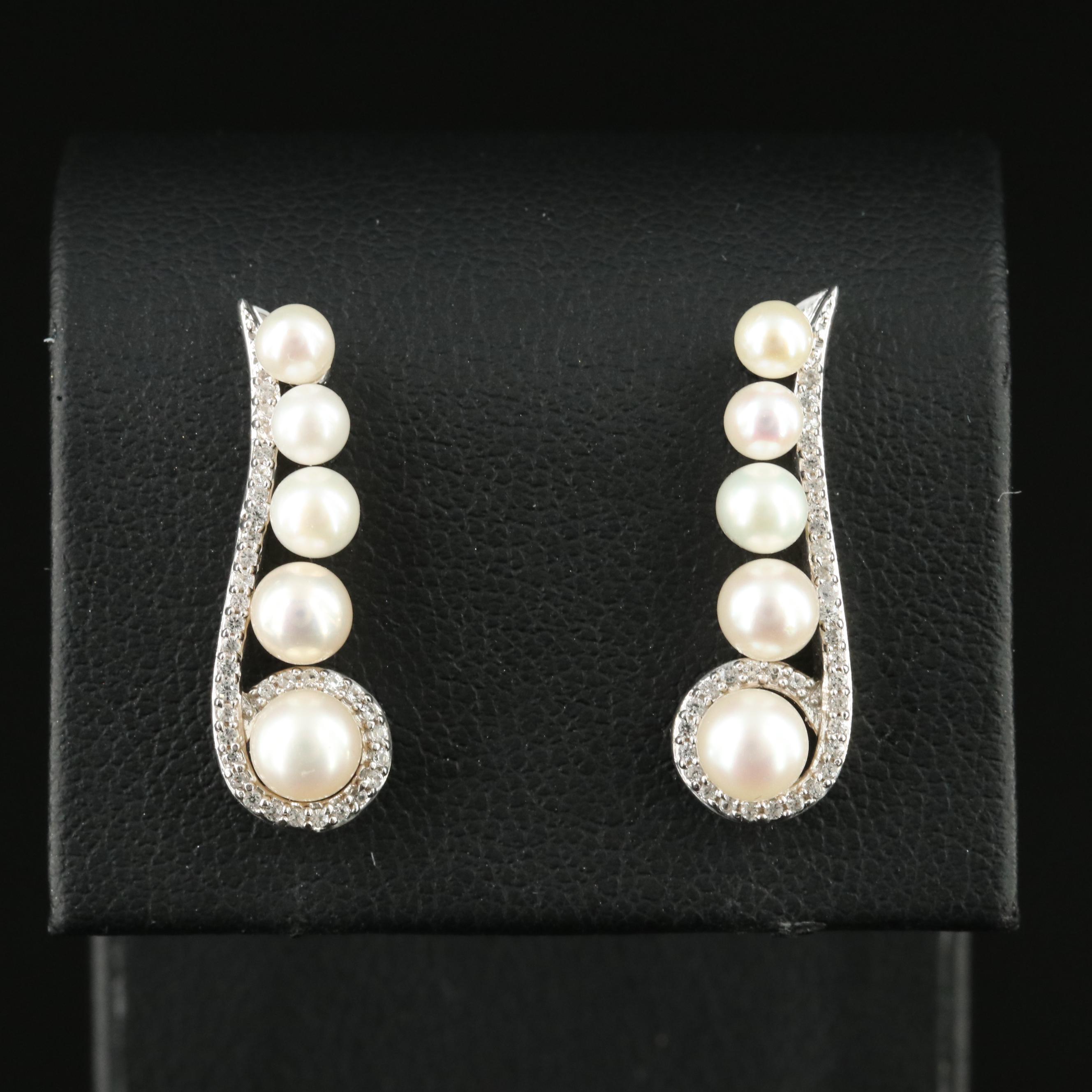 Sterling Pearl and White Sapphire Graduated Ear Climbers