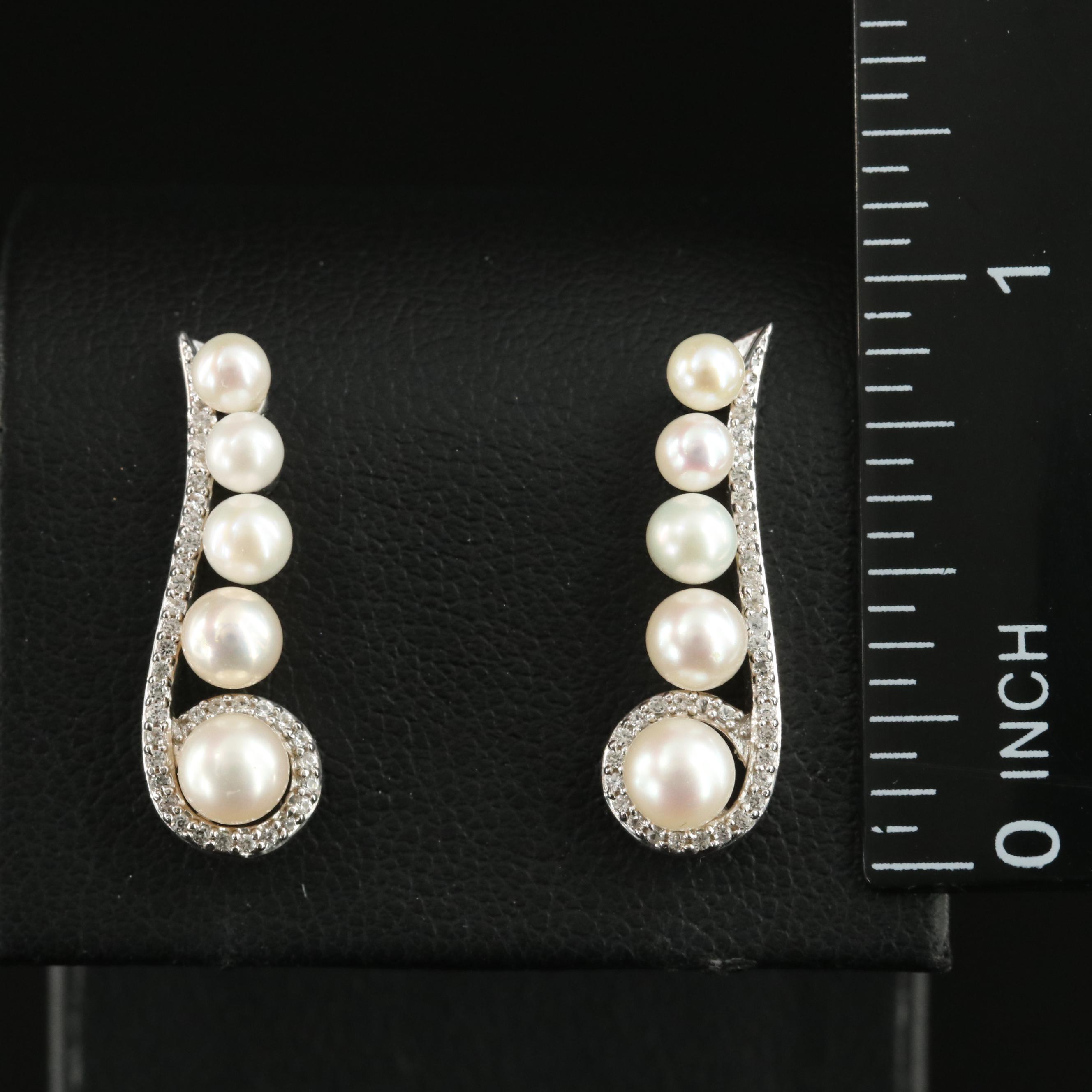 Sterling Pearl and White Sapphire Graduated Ear Climbers