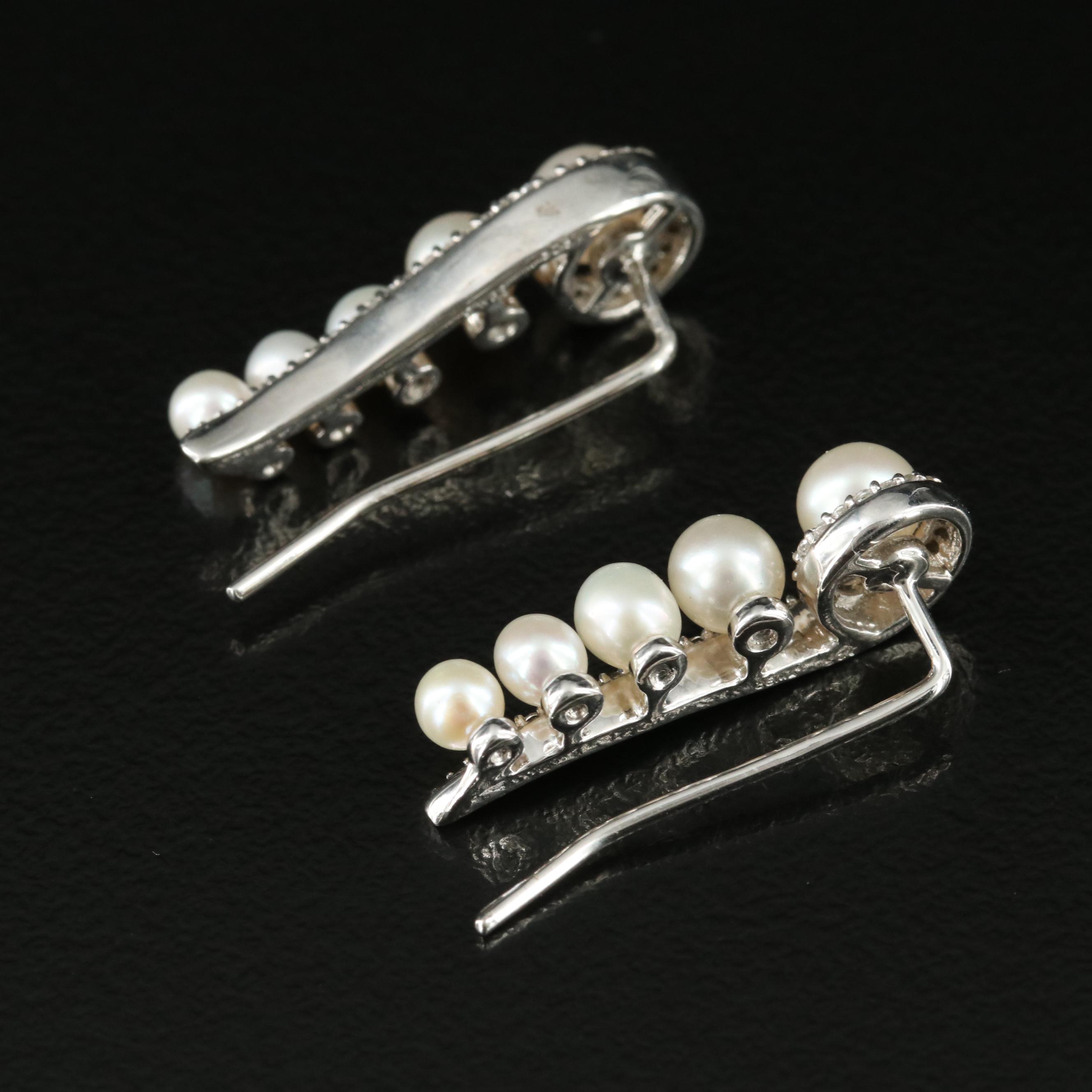 Sterling Pearl and White Sapphire Graduated Ear Climbers