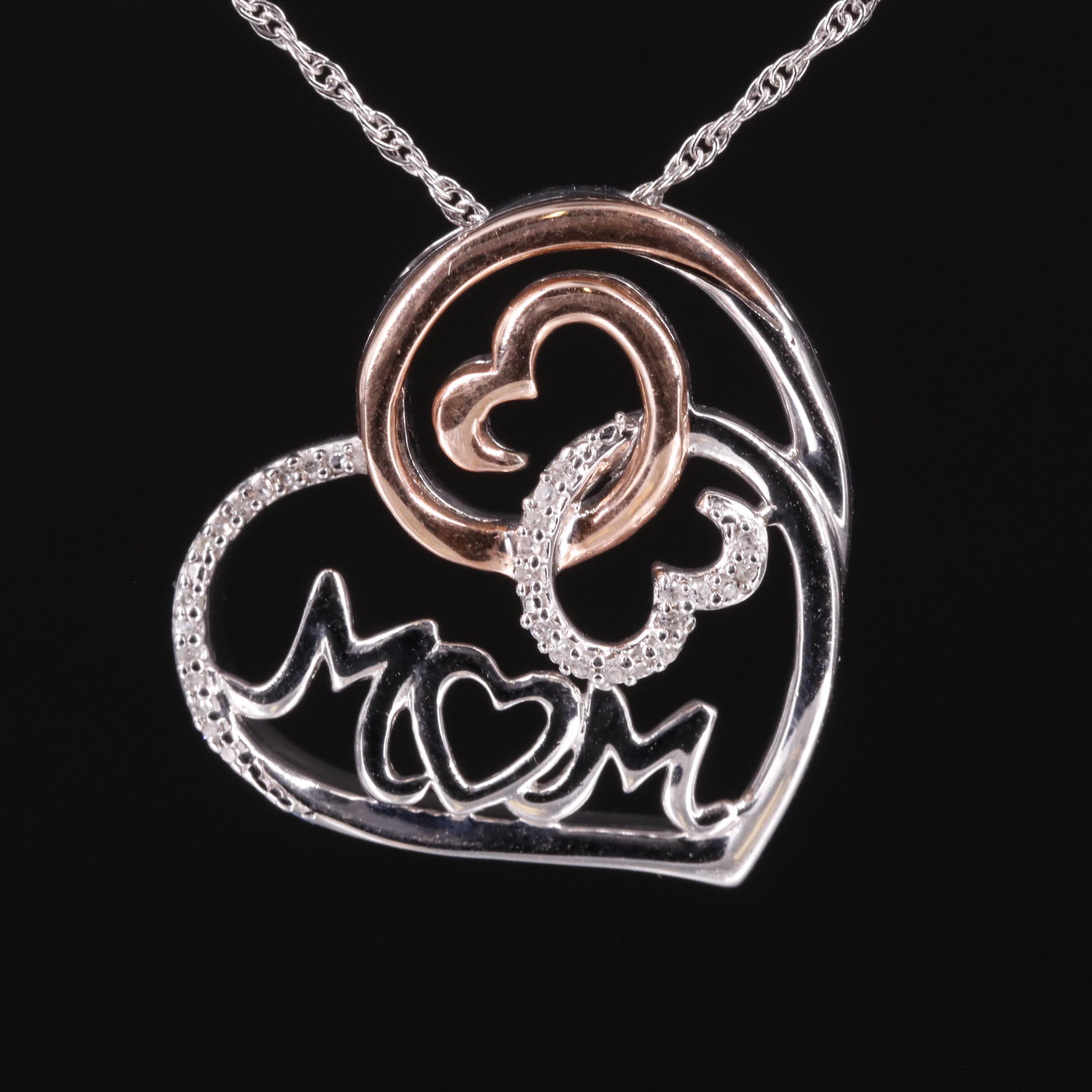 Sterling Diamond Heart and "Mom" Pendant Necklace with 10K Accent