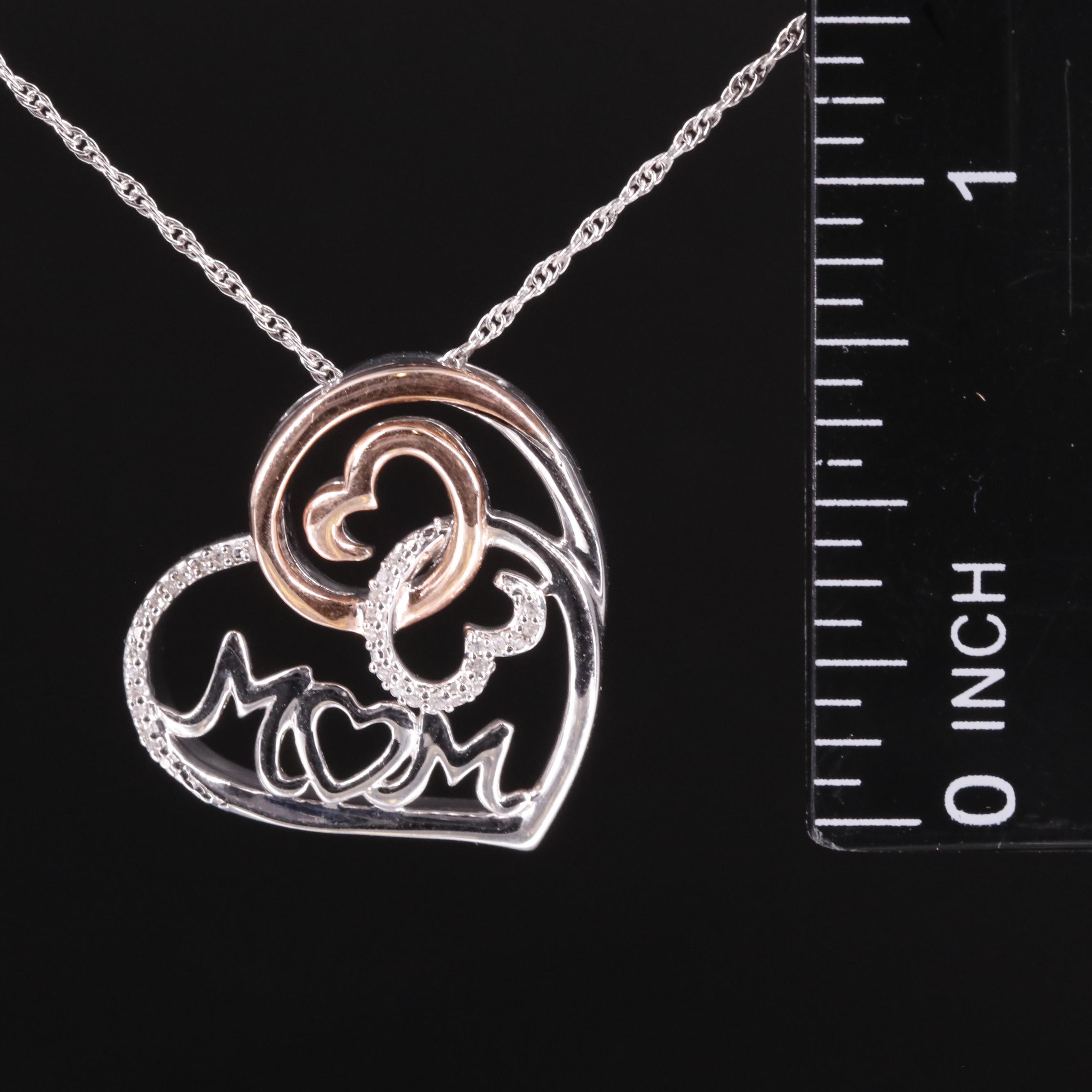 Sterling Diamond Heart and "Mom" Pendant Necklace with 10K Accent