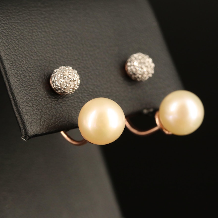 Sterling Diamond Stud Earrings with Pearl Enhancers