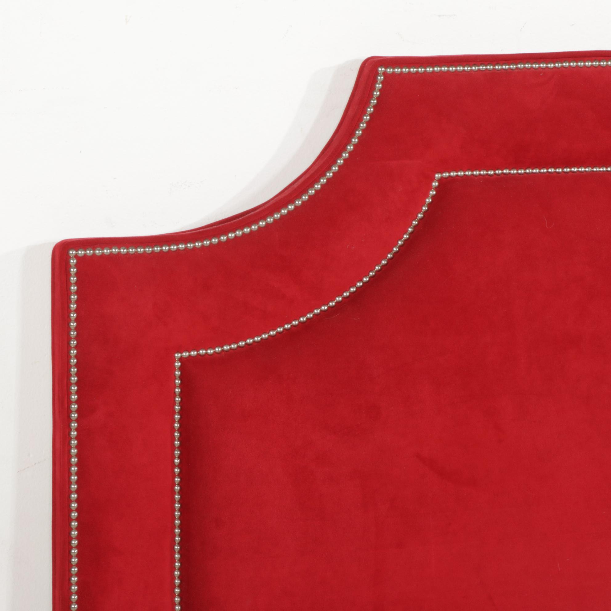 Silver-Tacked and Red Suede Upholstered King Size Headboard
