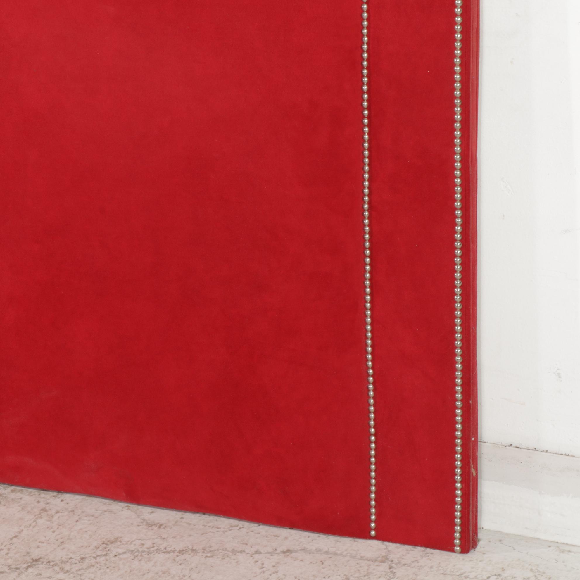 Silver-Tacked and Red Suede Upholstered King Size Headboard