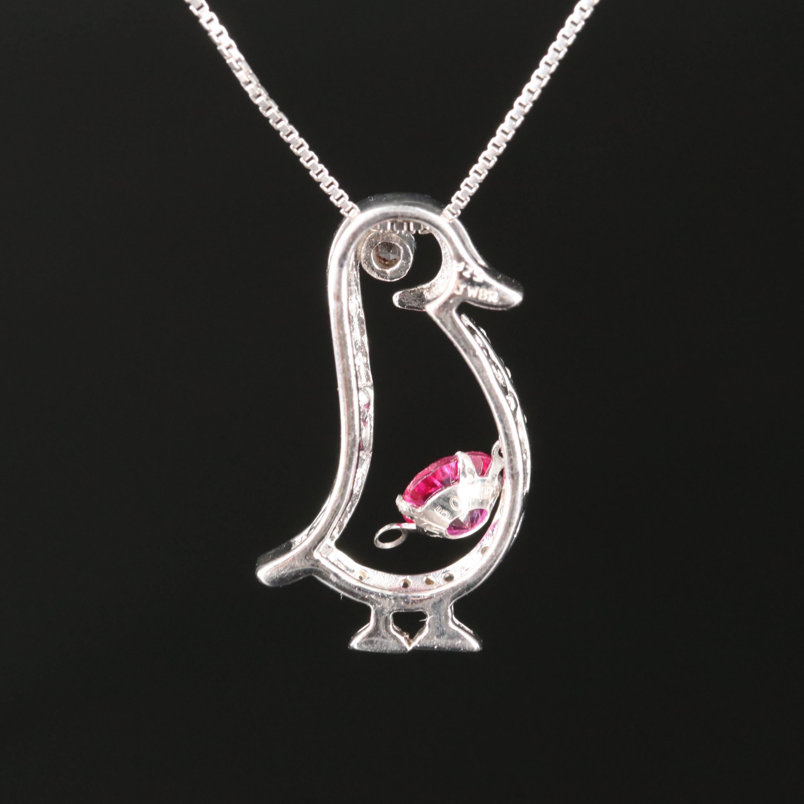Sterling Ruby and Sapphire Penguin Pendant Necklace