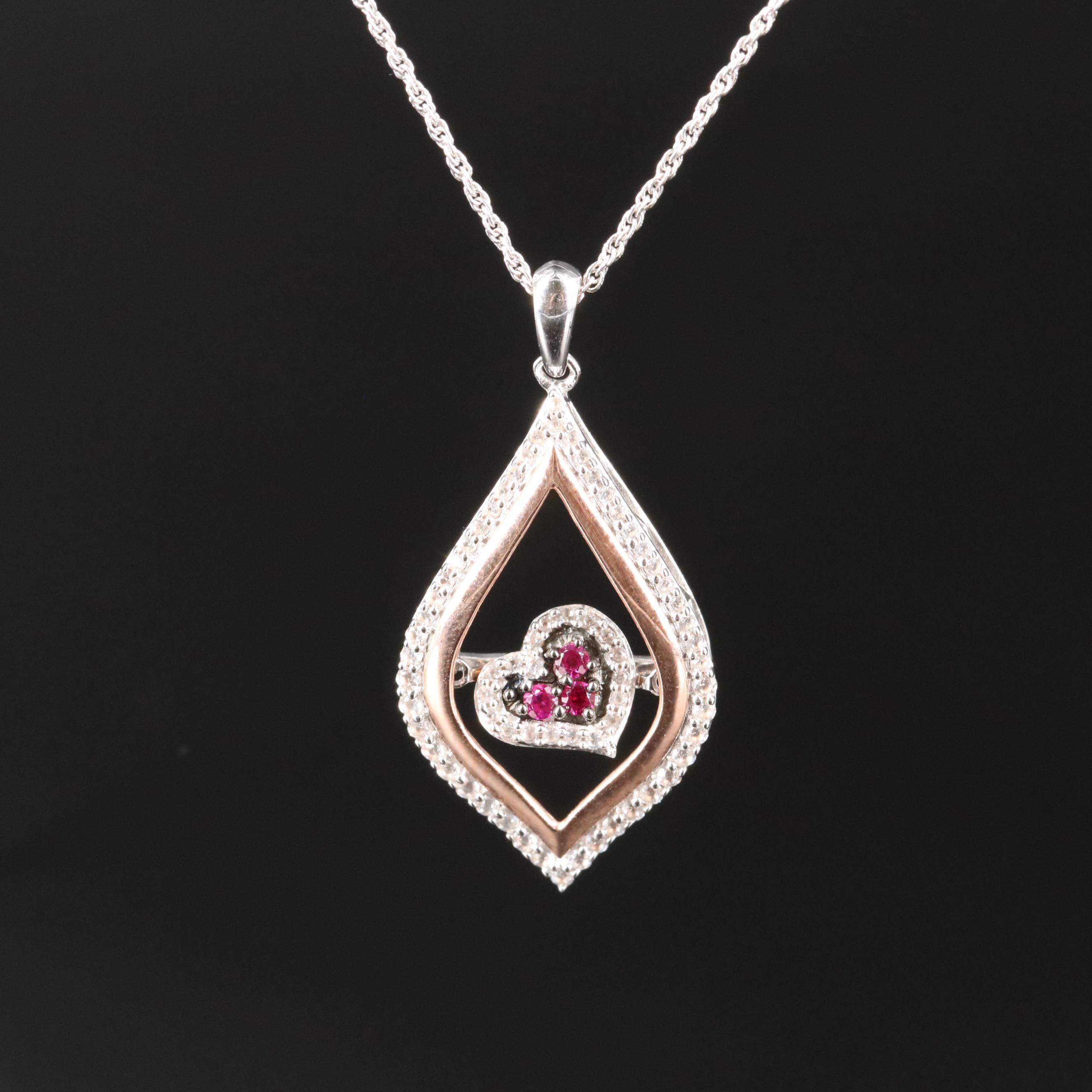Sterling Ruby and Sapphire Heart Pendant Necklace