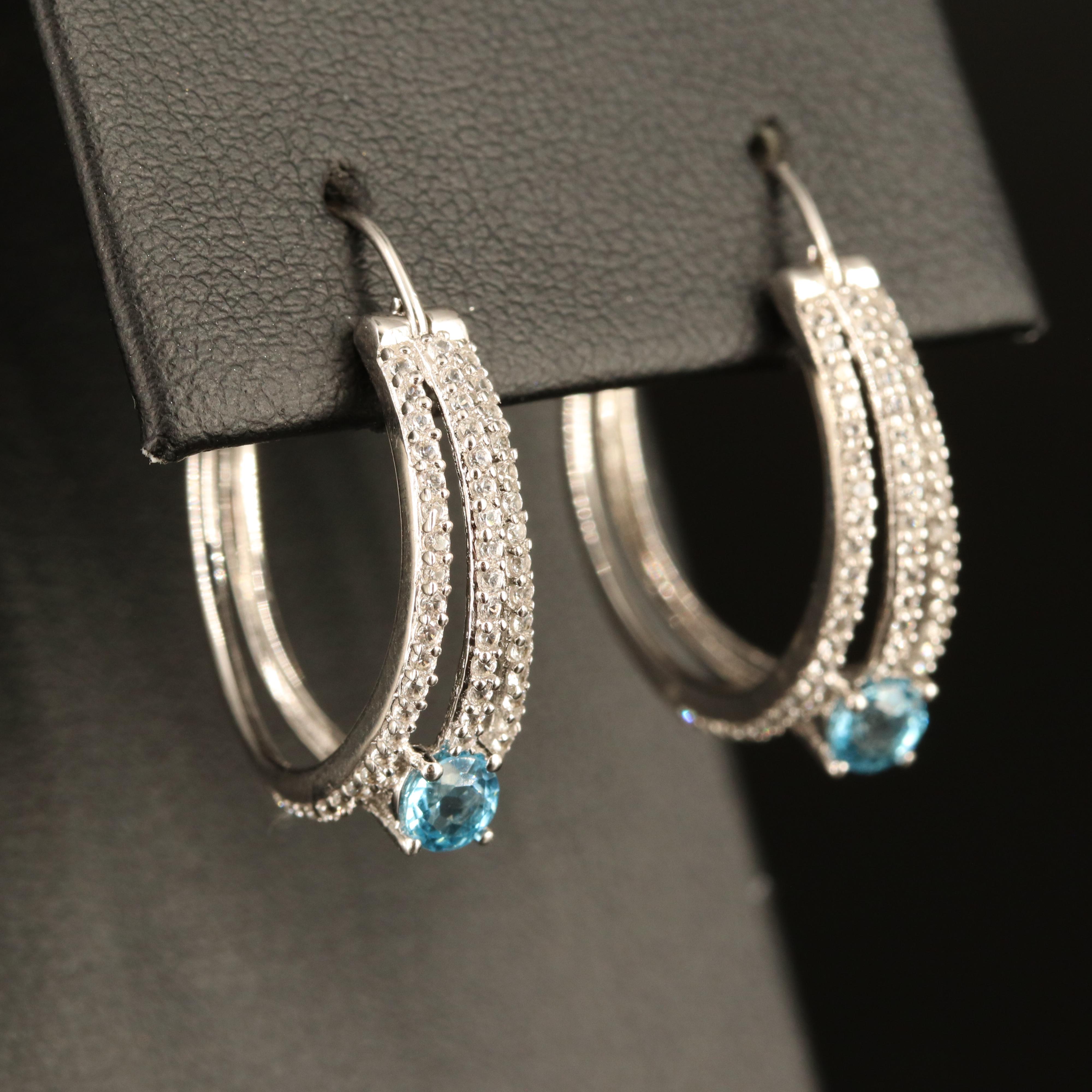 Sterling Topaz and White Sapphire Hoop Earrings