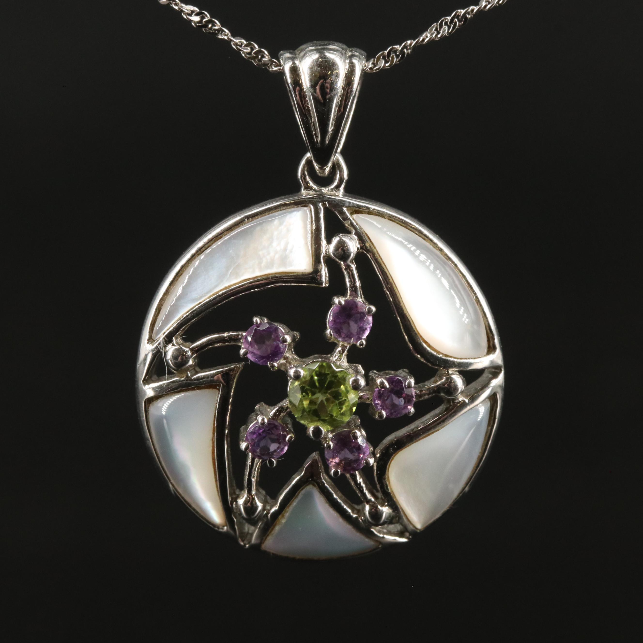 Sterling Mother of Pearl, Peridot, and Amethyst Pendant Necklace