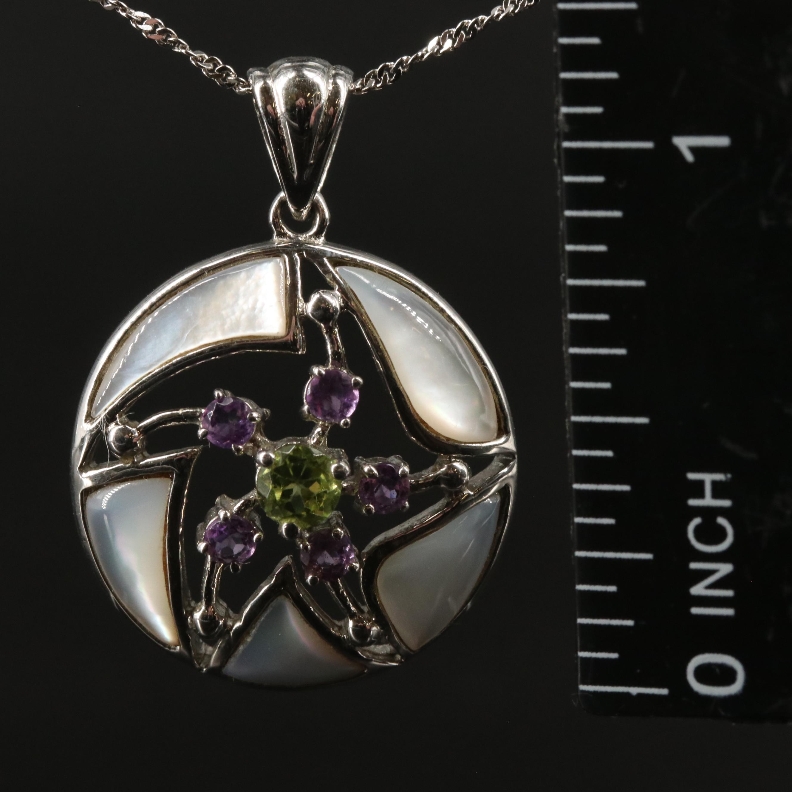 Sterling Mother of Pearl, Peridot, and Amethyst Pendant Necklace
