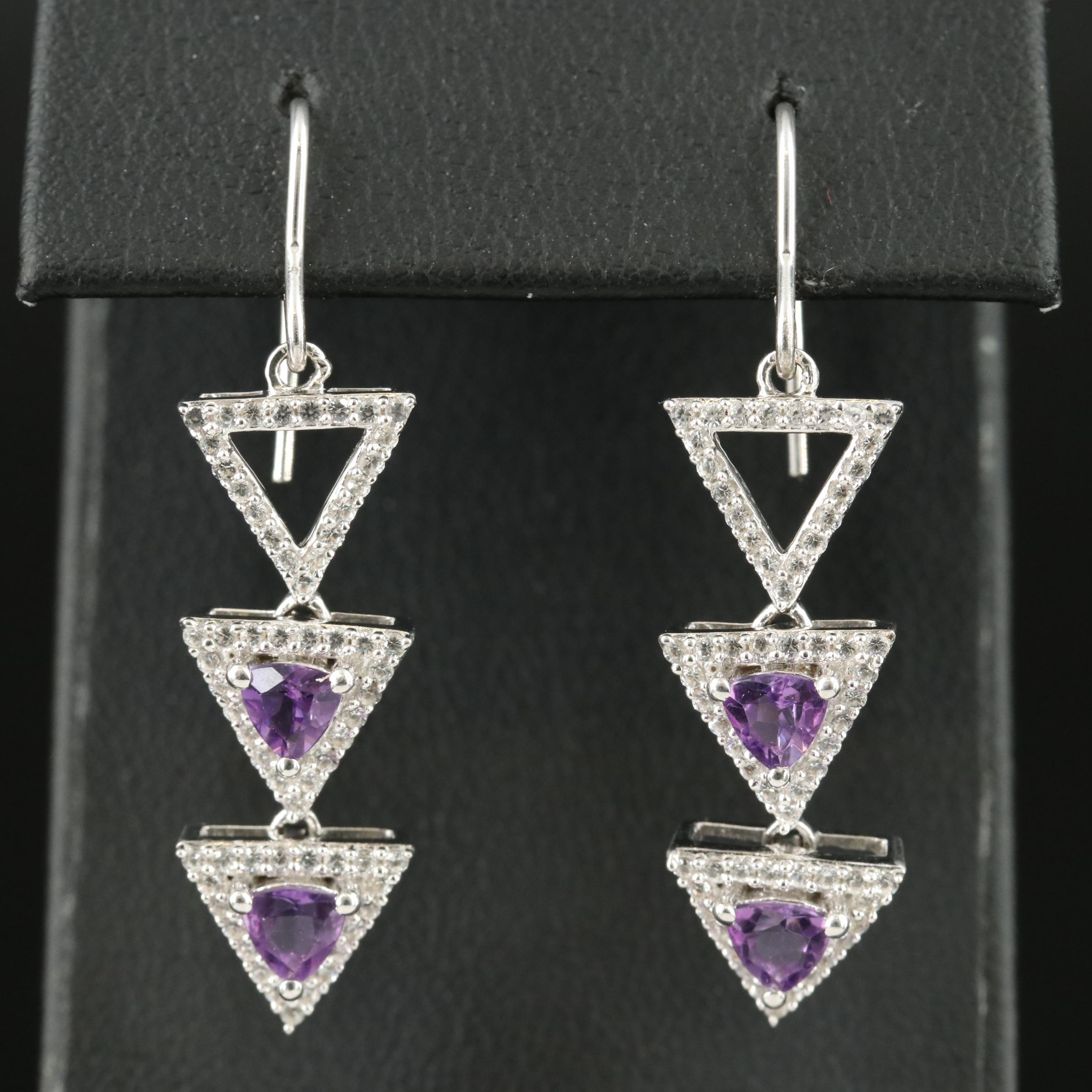 Sterling Amethyst and Sapphire Stacked Triangle Drop Earrings