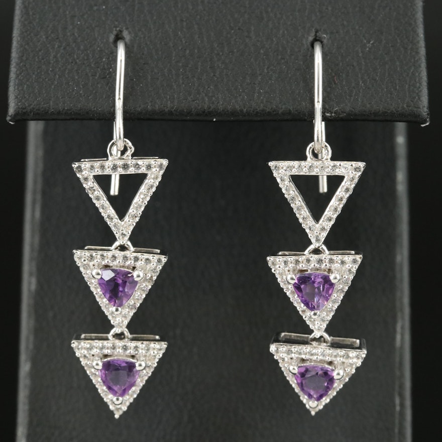 Sterling Amethyst and Sapphire Stacked Triangle Drop Earrings