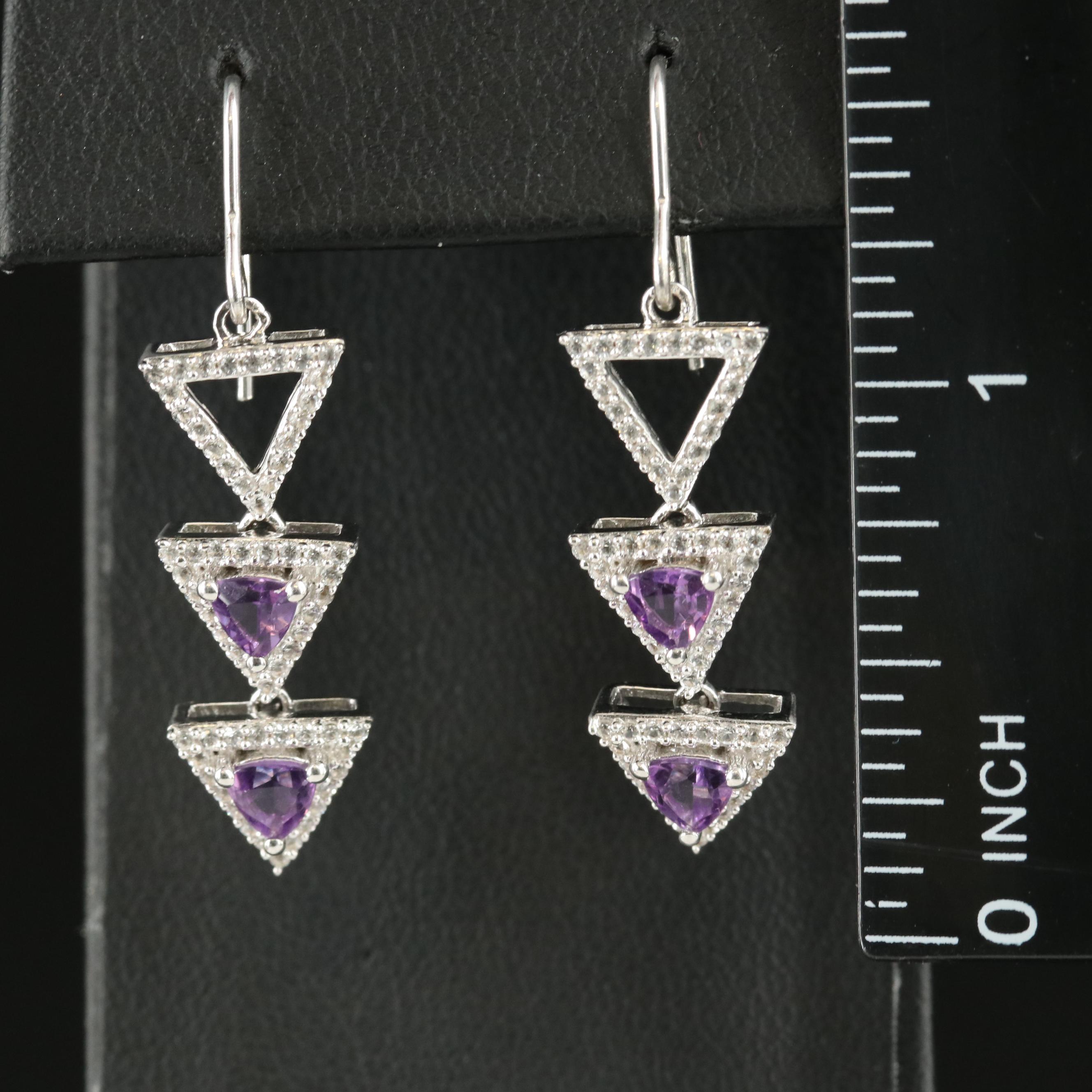 Sterling Amethyst and Sapphire Stacked Triangle Drop Earrings