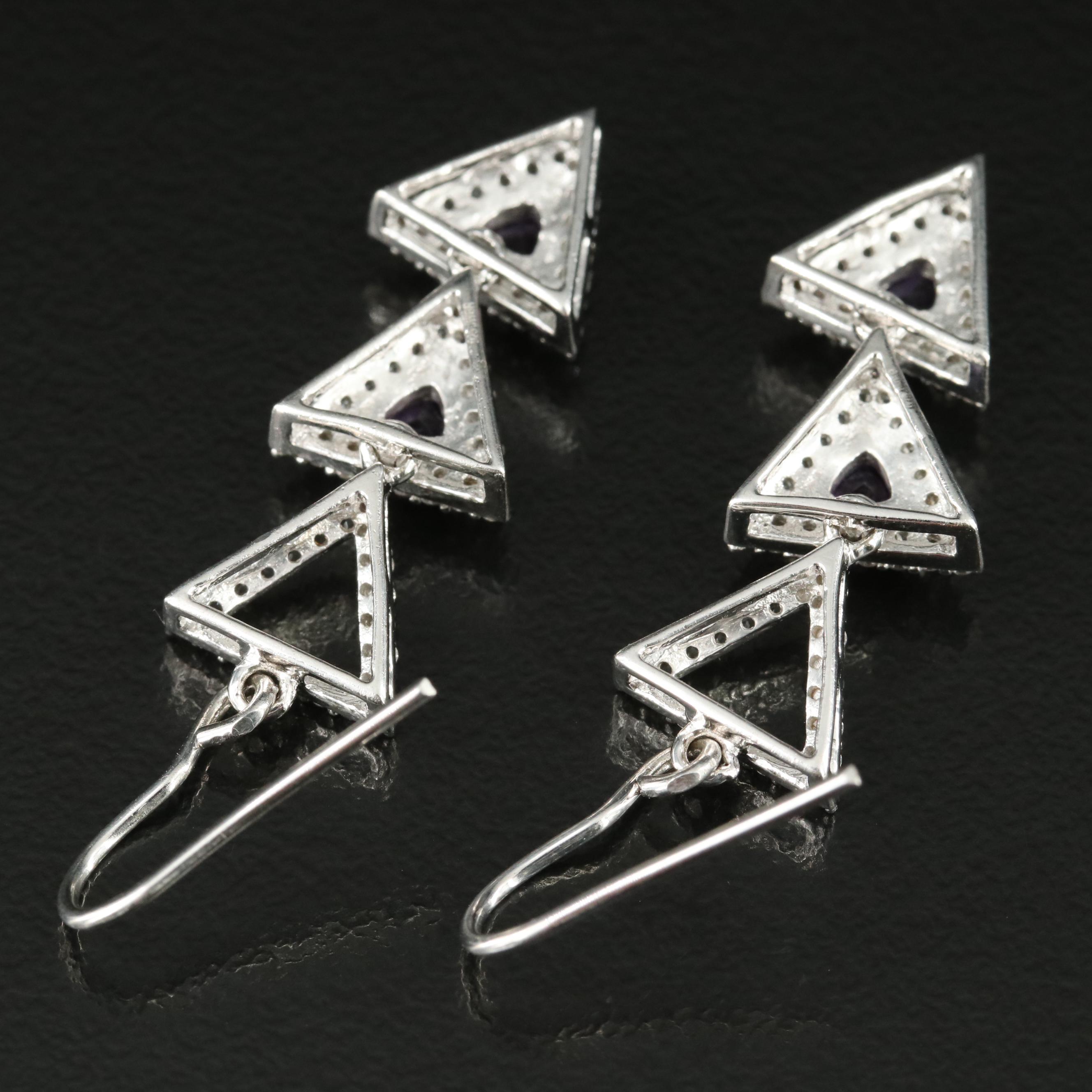 Sterling Amethyst and Sapphire Stacked Triangle Drop Earrings
