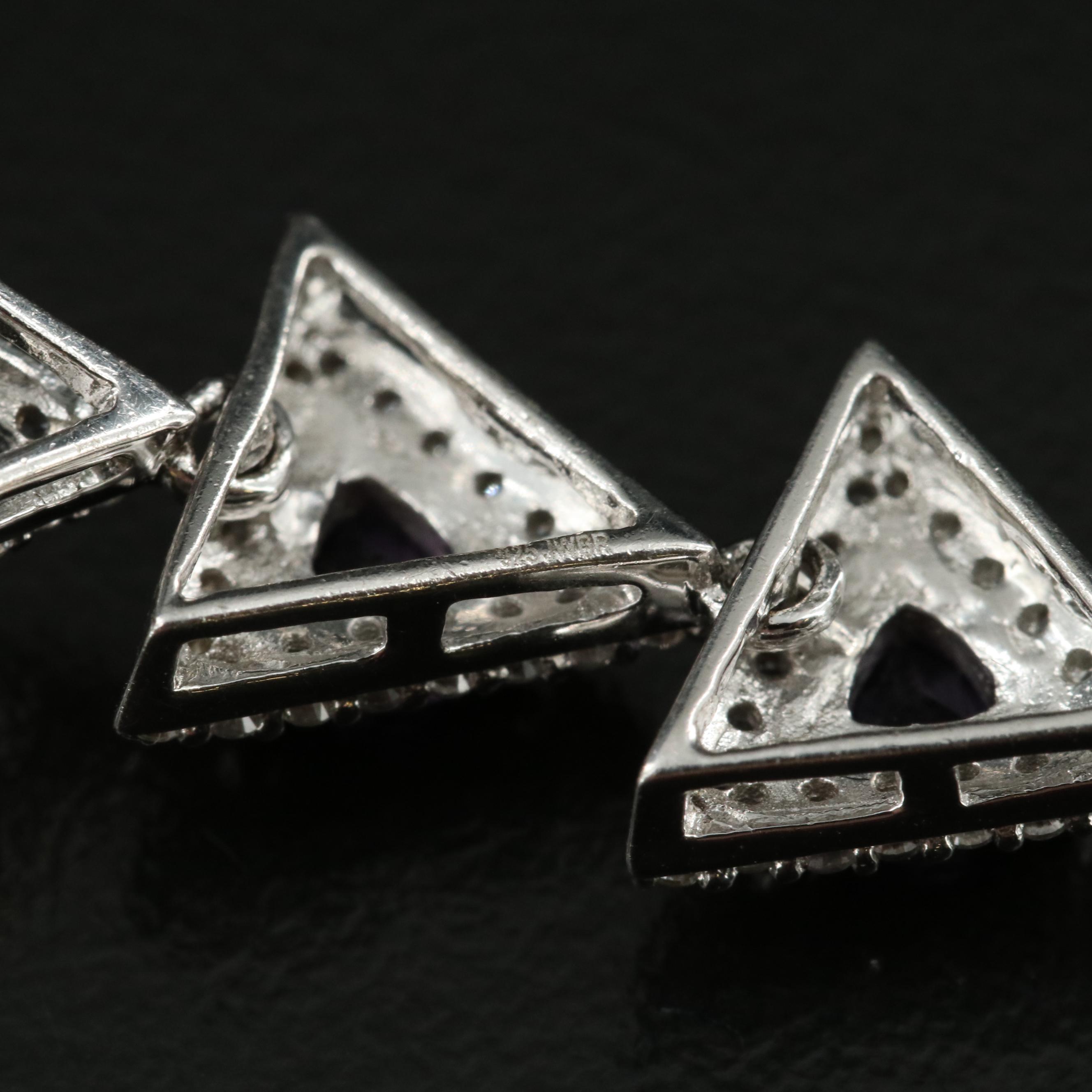 Sterling Amethyst and Sapphire Stacked Triangle Drop Earrings