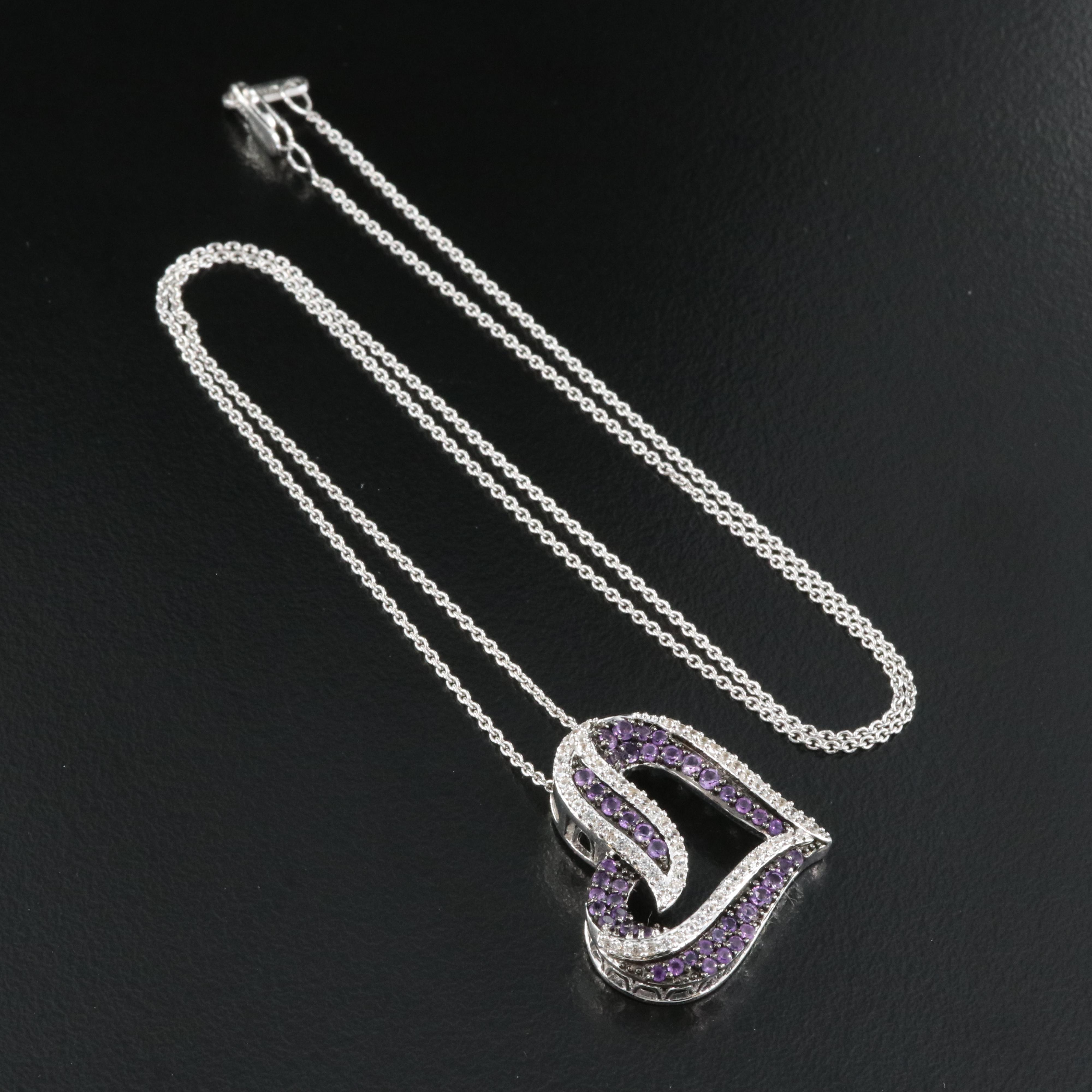 Italian Sterling Amethyst and Sapphire Heart Pendant Necklace