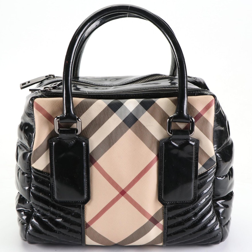 Burberry Handbag in Nova Check Coated Canvas and Black Patent Leather