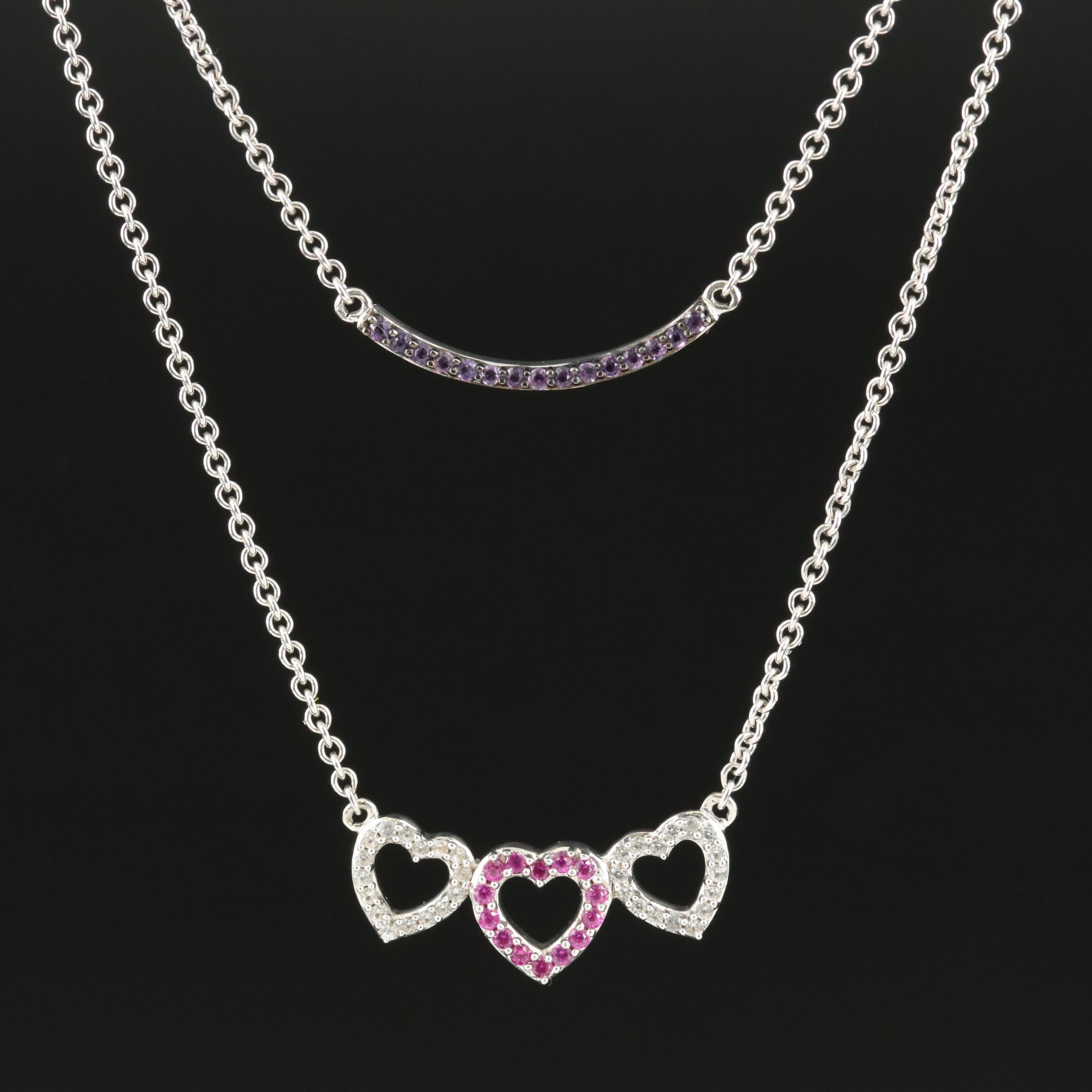 Sterling Ruby, Sapphire and Amethyst Curved Bar and Triple Heart Necklace