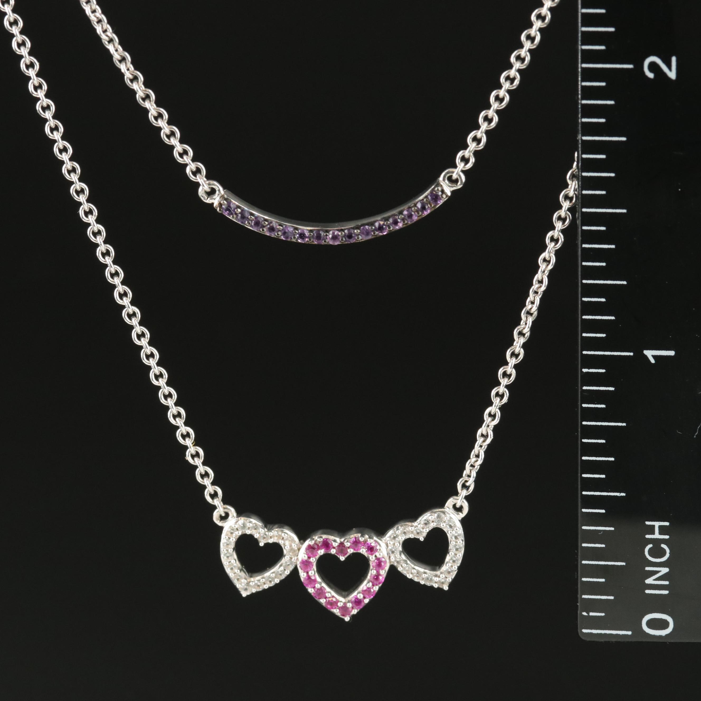 Sterling Ruby, Sapphire and Amethyst Curved Bar and Triple Heart Necklace