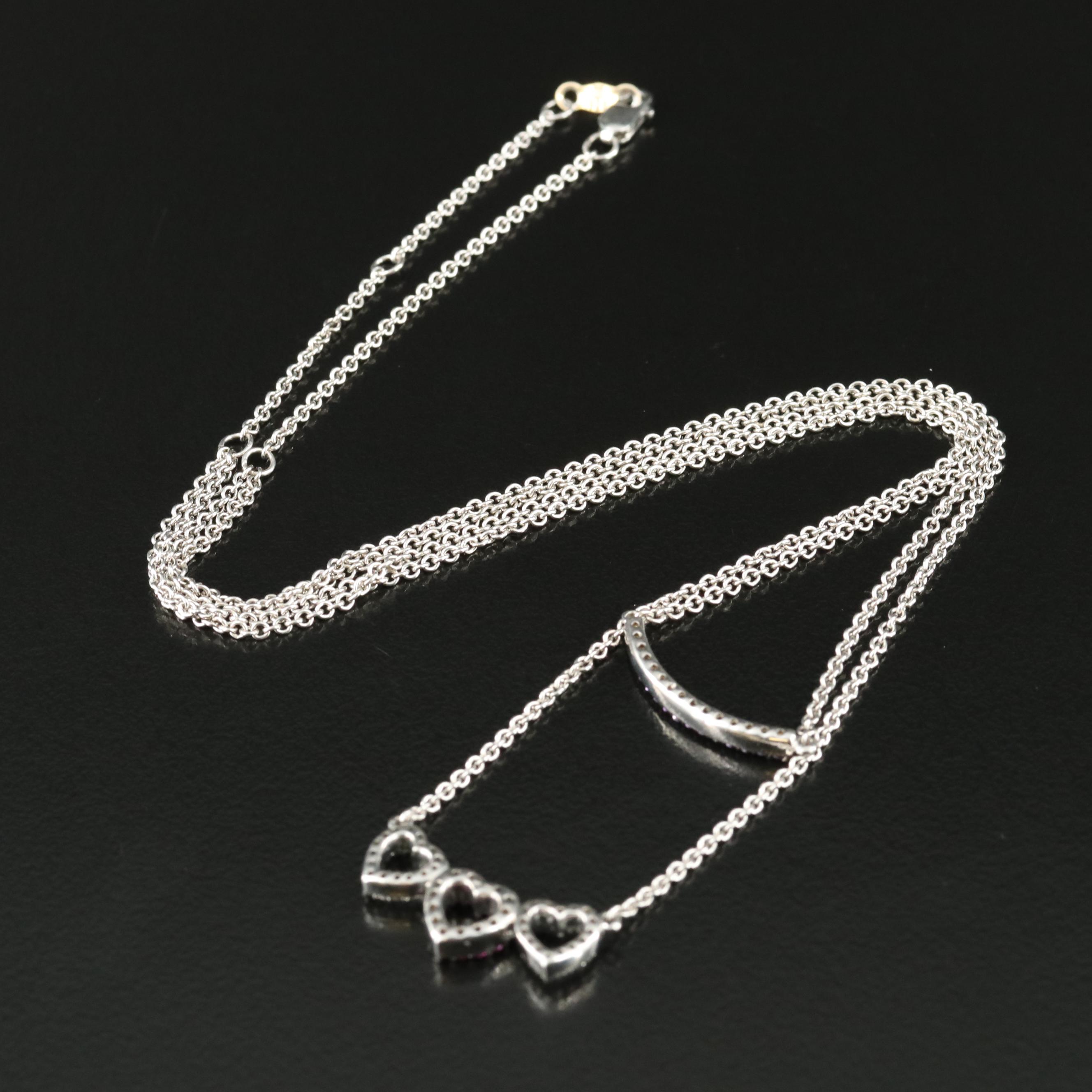 Sterling Ruby, Sapphire and Amethyst Curved Bar and Triple Heart Necklace