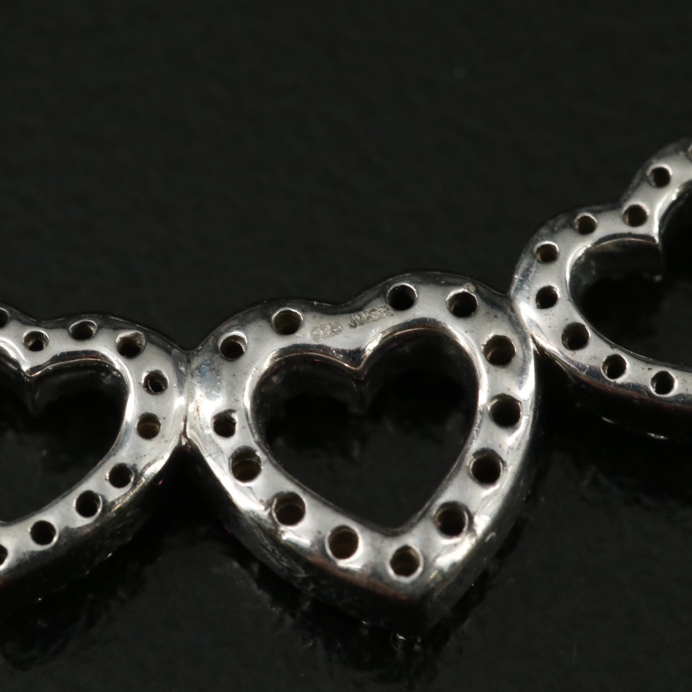 Sterling Ruby, Sapphire and Amethyst Curved Bar and Triple Heart Necklace