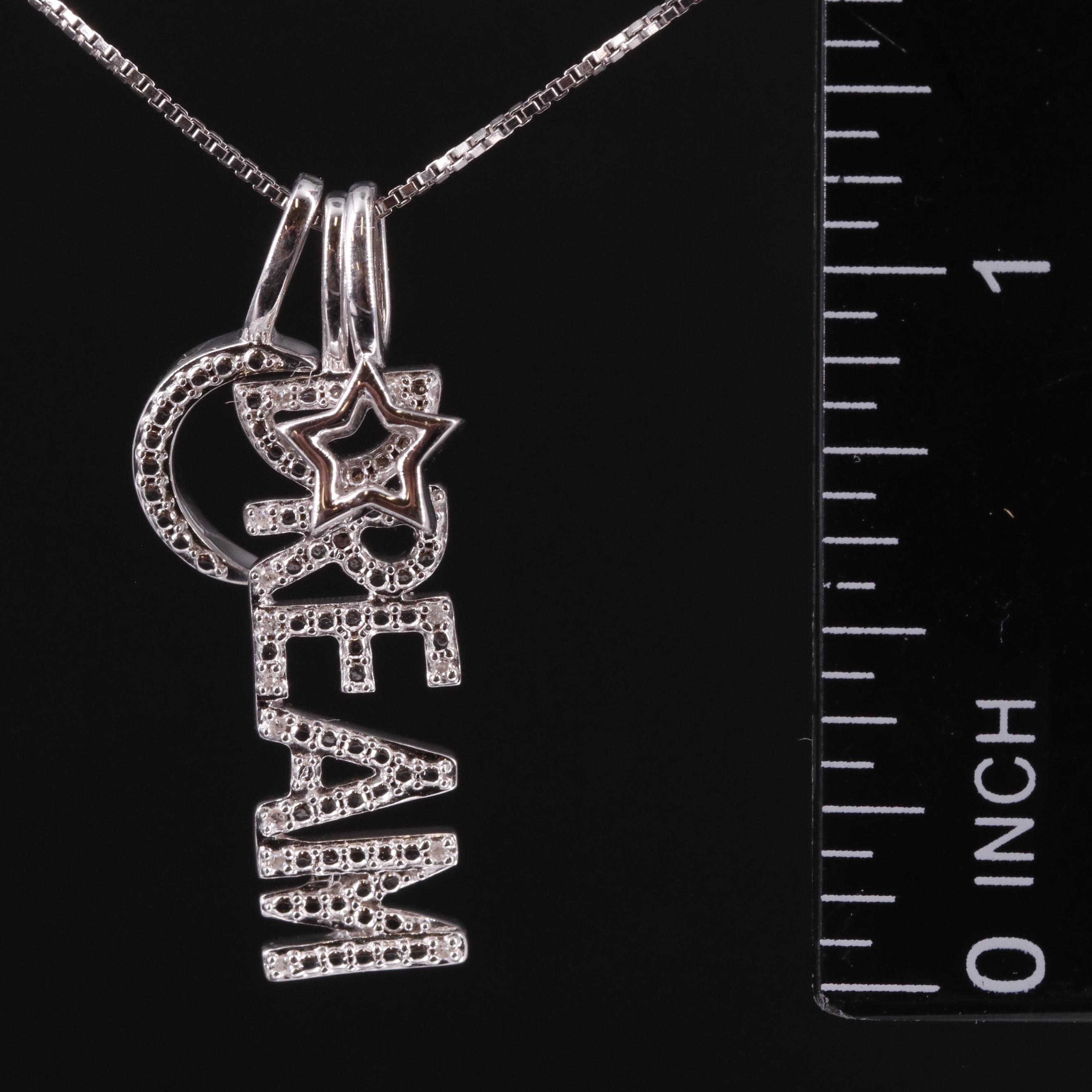 Sterling Diamond Star, Half Moon, and "Dream" Pendant Necklace