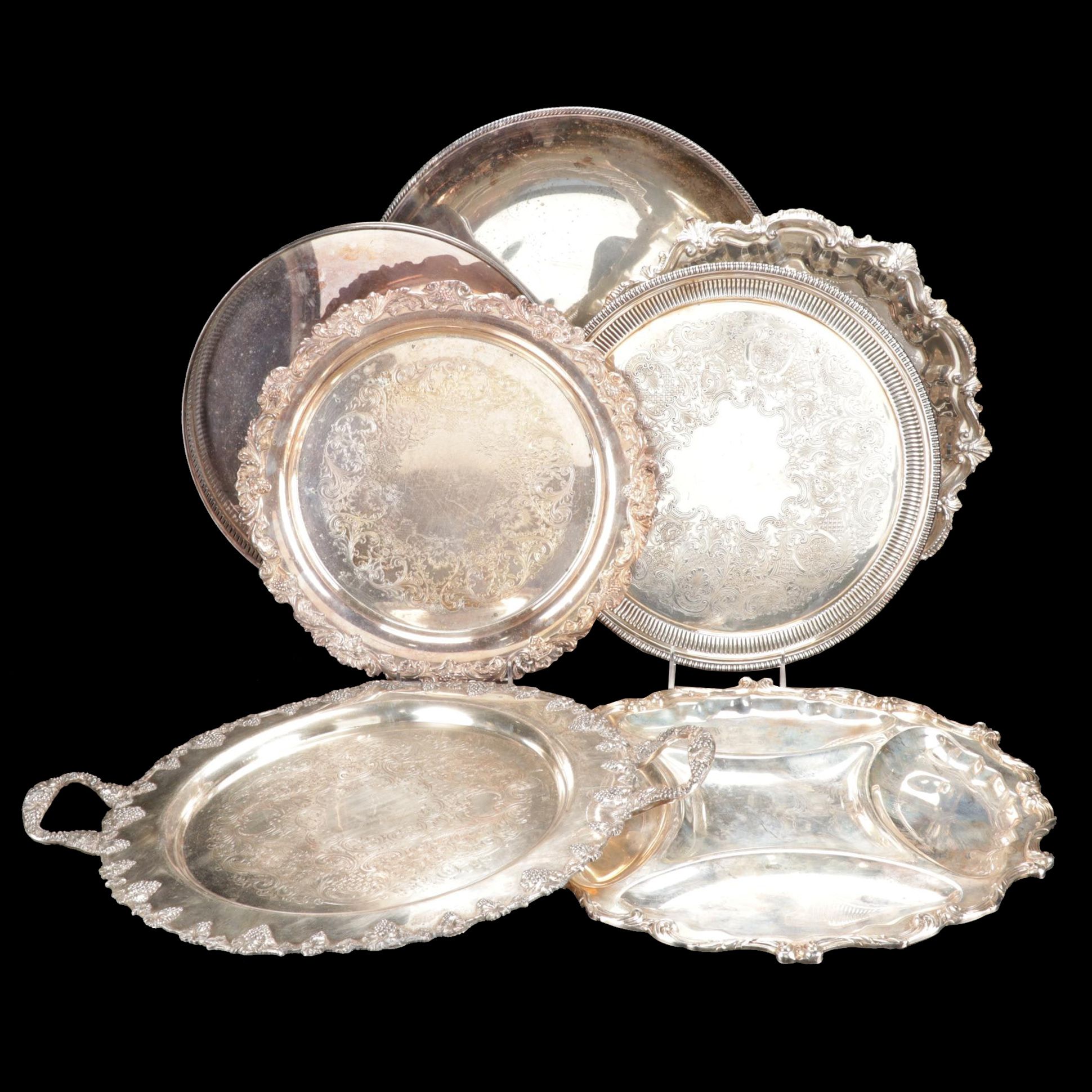Wallace Divided Serving Platter with Other Silver Plate Trays, Mid-Late 20th C.
