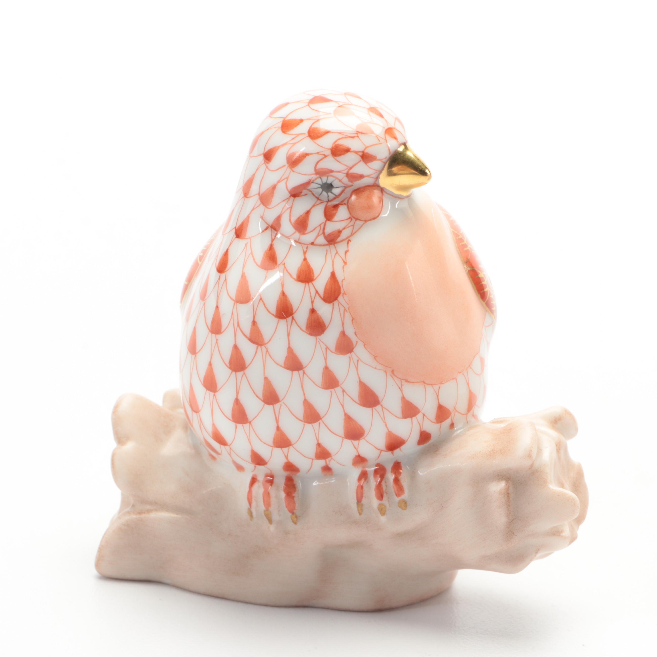 Herend Rust Fishnet with Gold "Little Bird" Porcelain Figurine