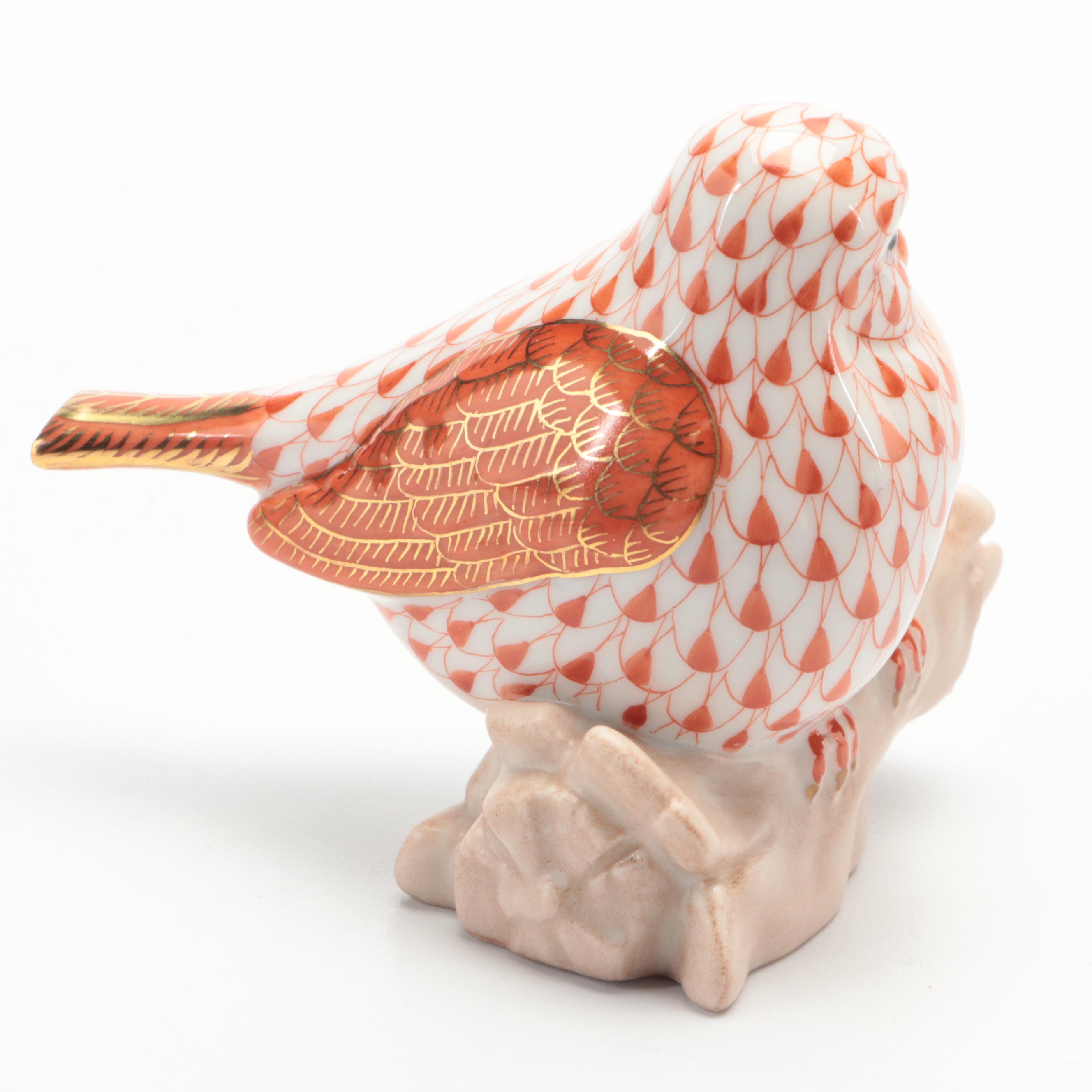 Herend Rust Fishnet with Gold "Little Bird" Porcelain Figurine