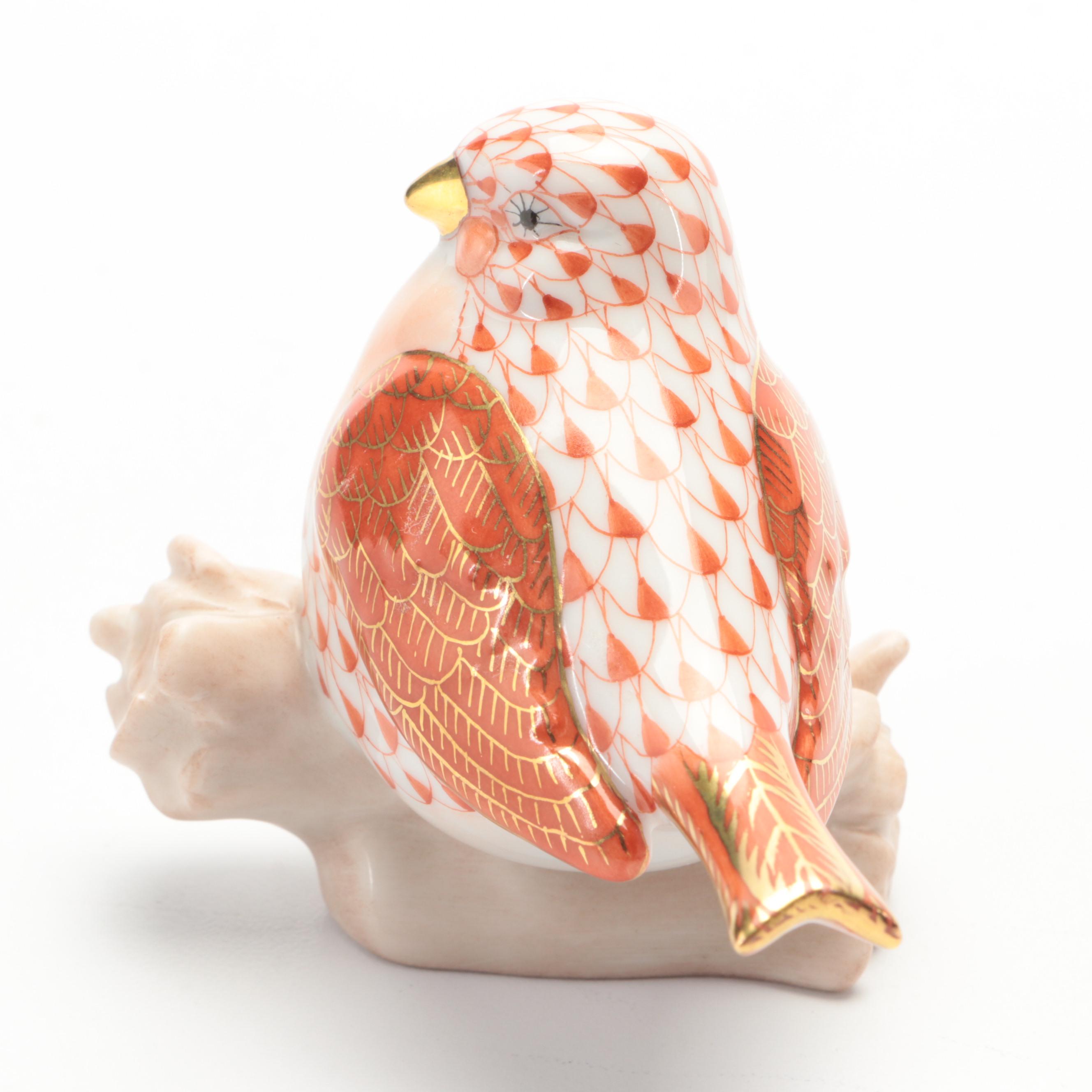 Herend Rust Fishnet with Gold "Little Bird" Porcelain Figurine