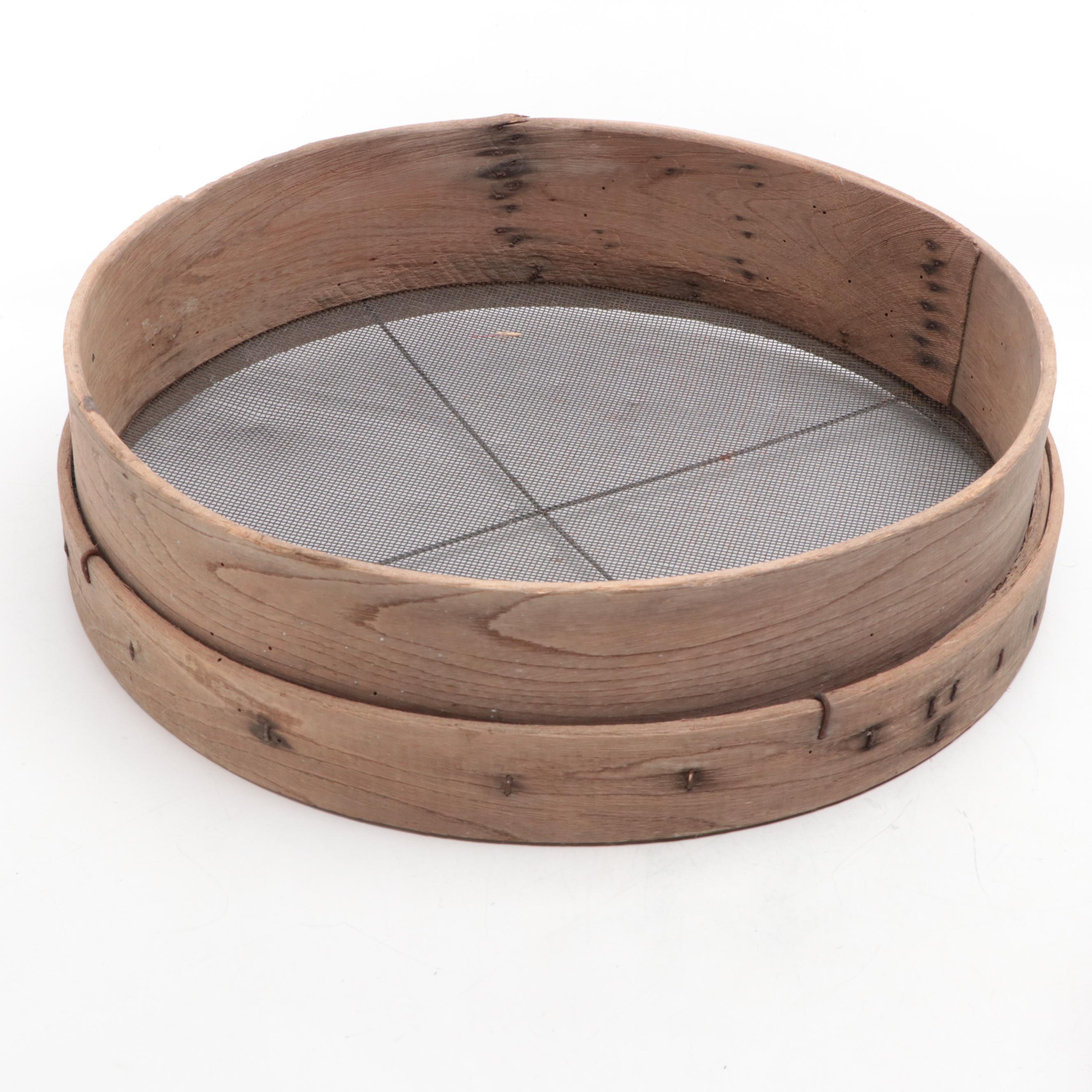 Red Ceramic Mixing Bowls, Bentwood and Wire Grain Sifter and Rolling Pin