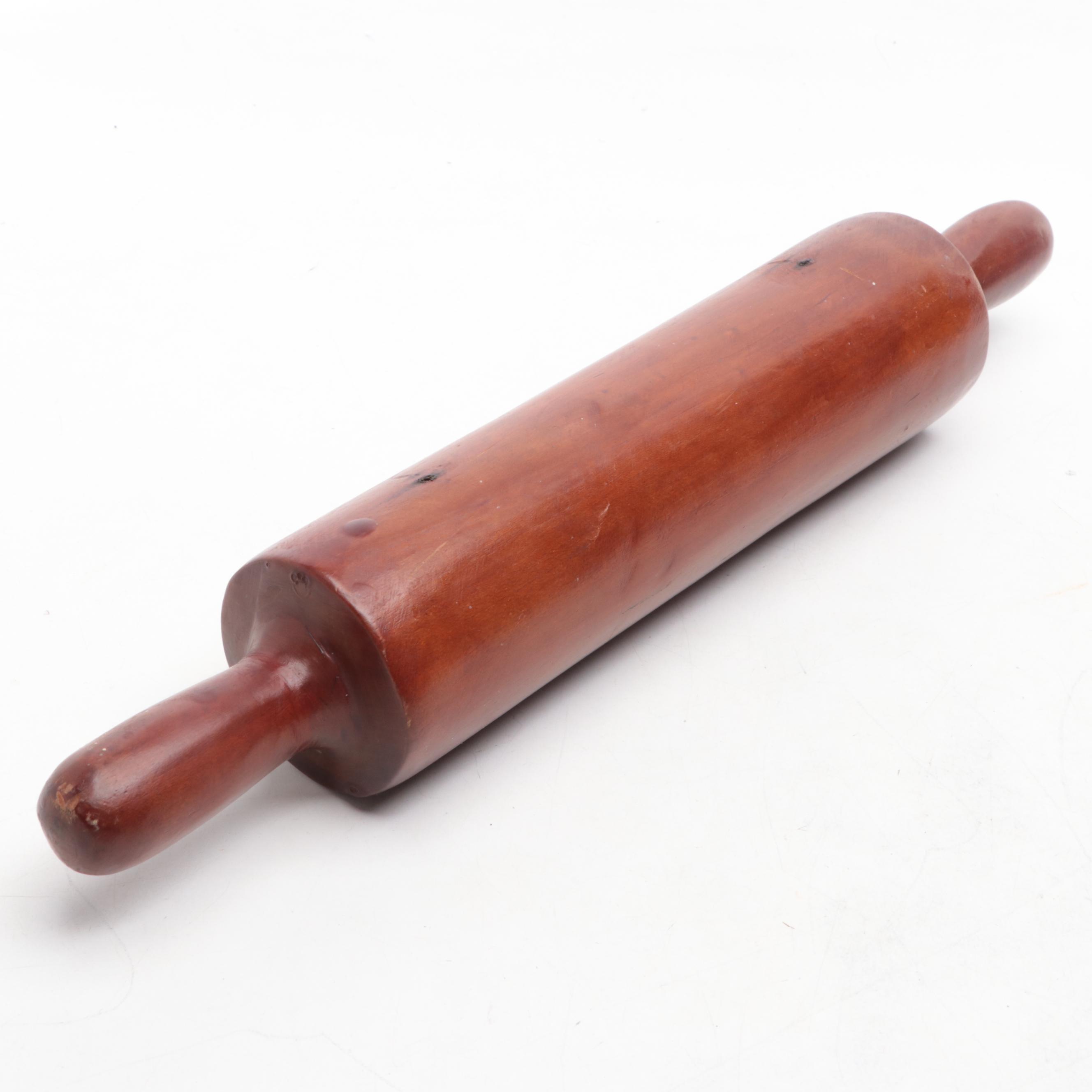 Red Ceramic Mixing Bowls, Bentwood and Wire Grain Sifter and Rolling Pin