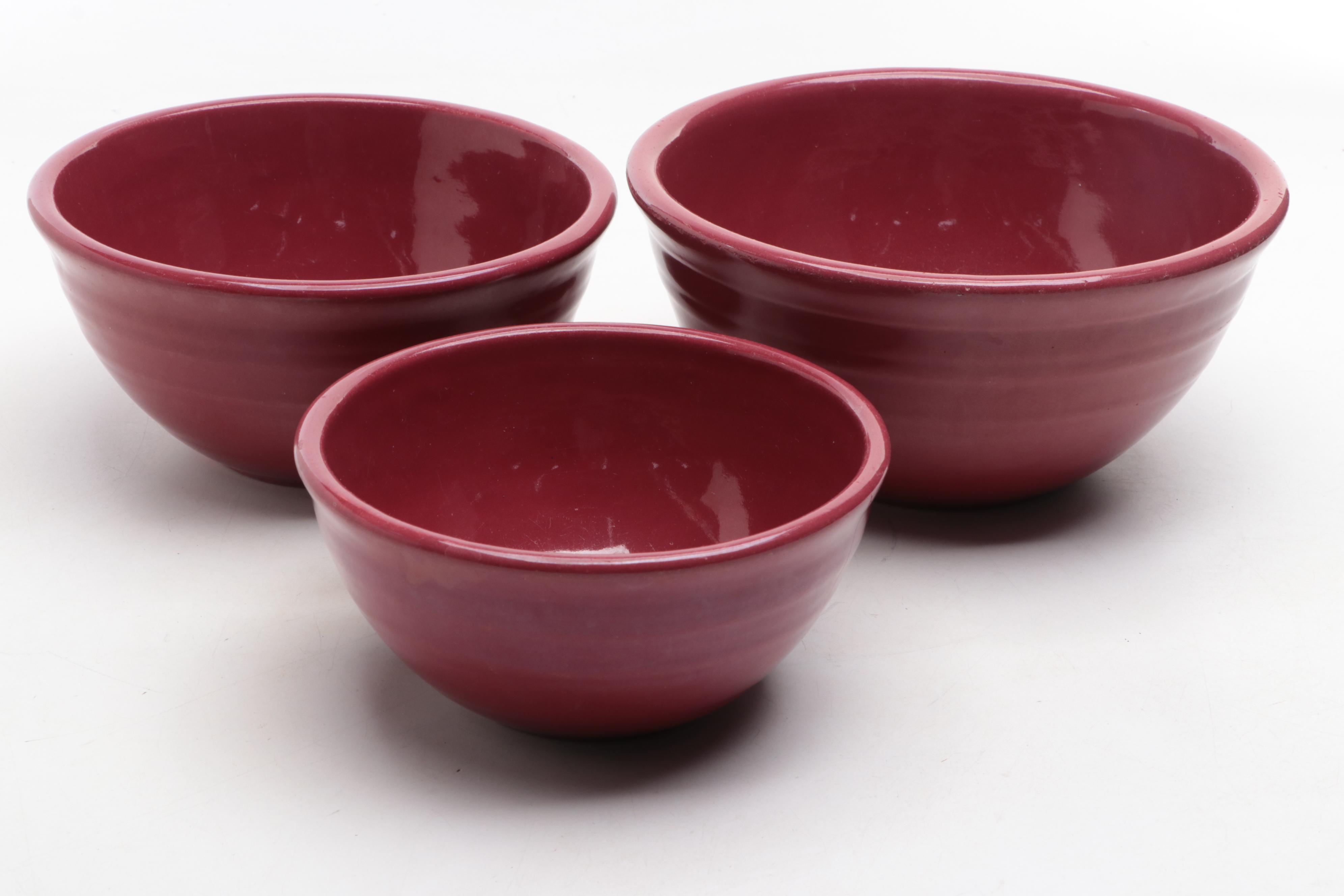 Red Ceramic Mixing Bowls, Bentwood and Wire Grain Sifter and Rolling Pin
