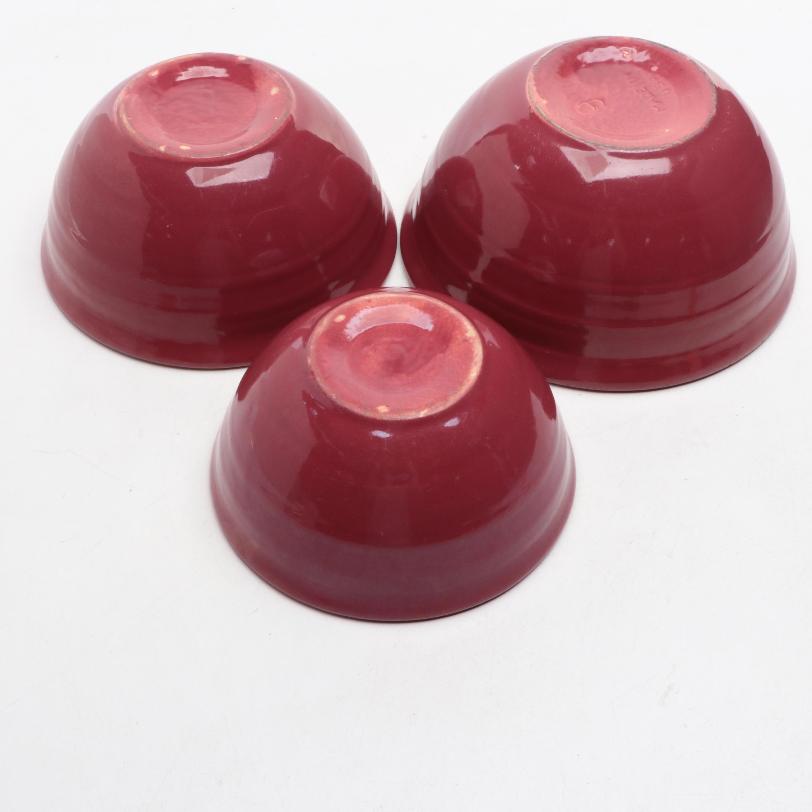 Red Ceramic Mixing Bowls, Bentwood and Wire Grain Sifter and Rolling Pin