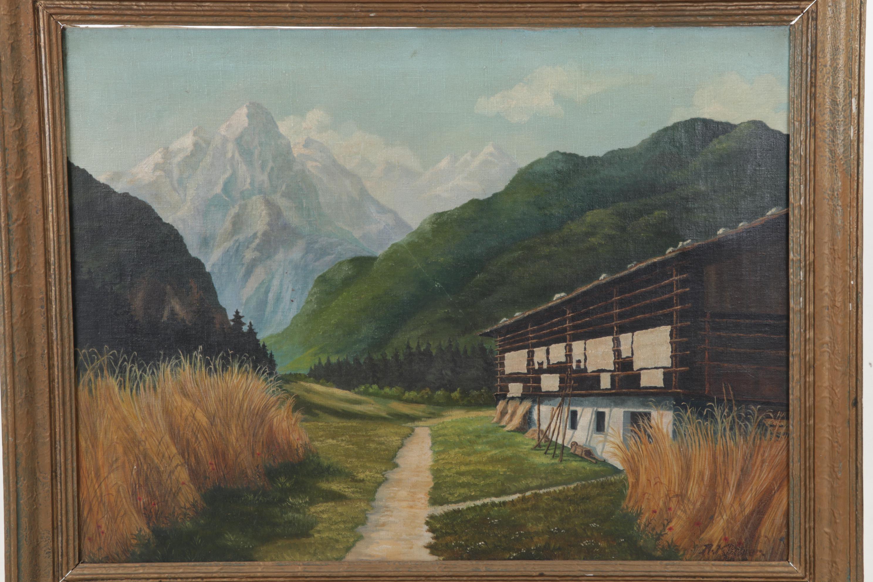 Mountain Valley Barn Oil Painting, Mid-20th Century