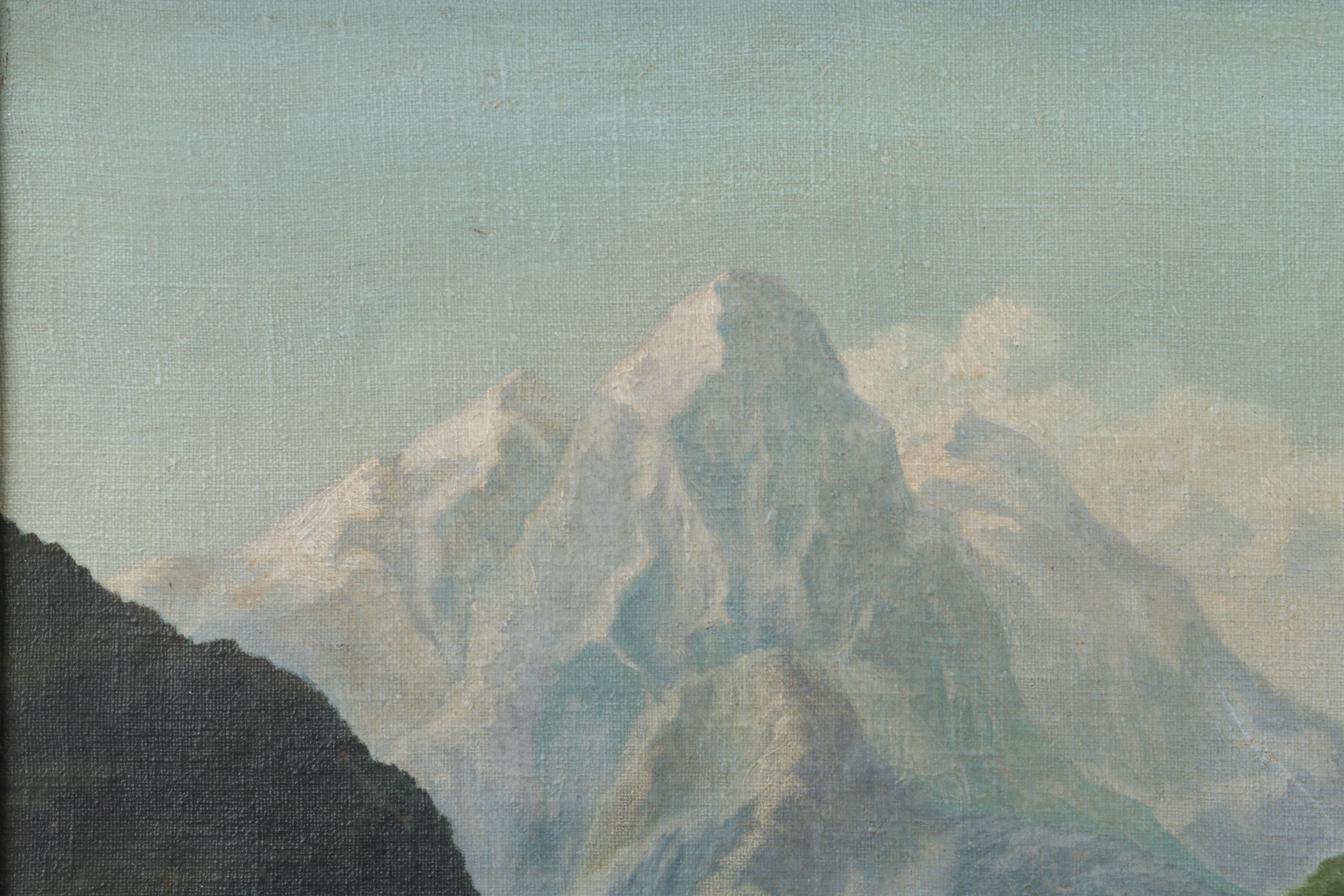 Mountain Valley Barn Oil Painting, Mid-20th Century