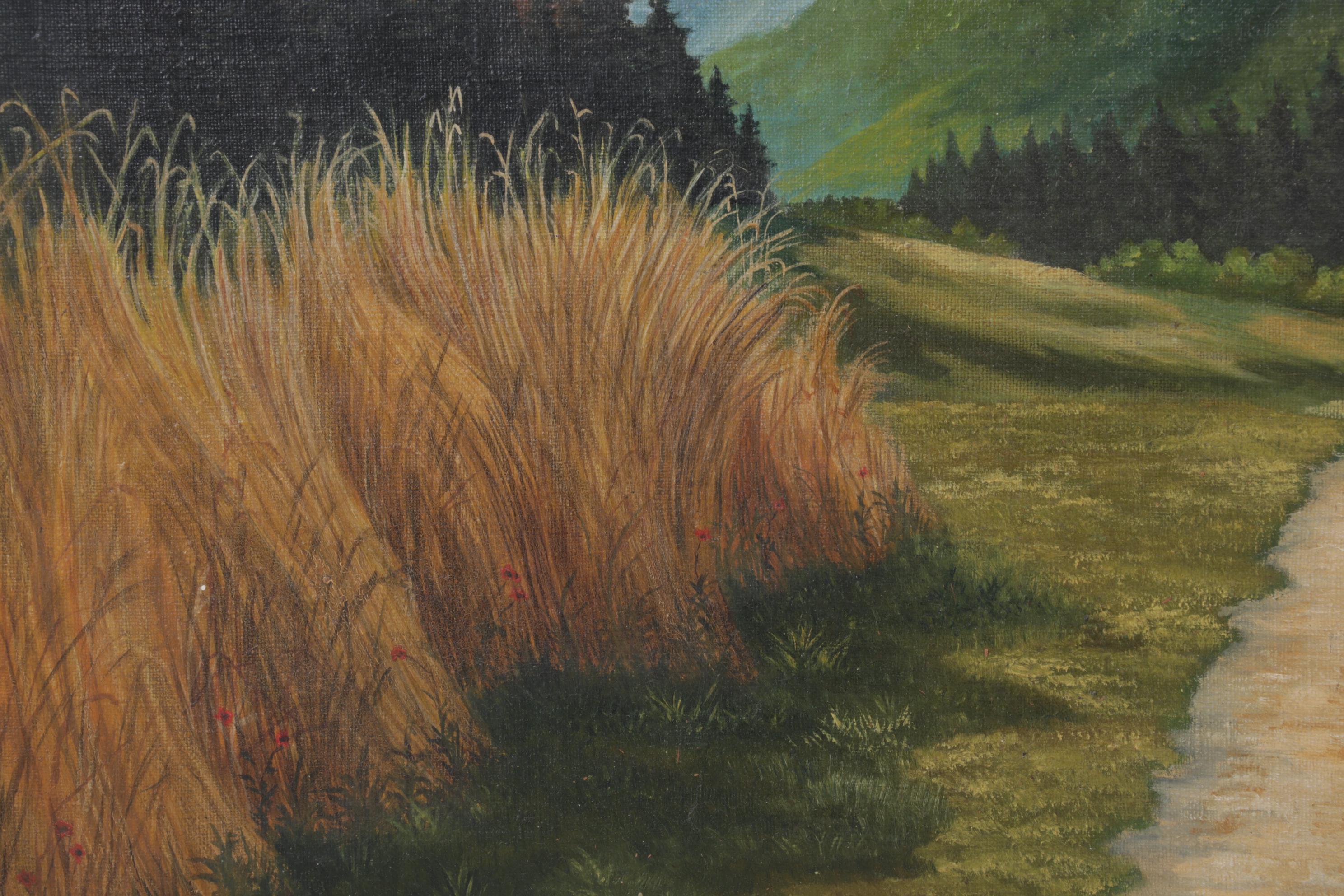 Mountain Valley Barn Oil Painting, Mid-20th Century