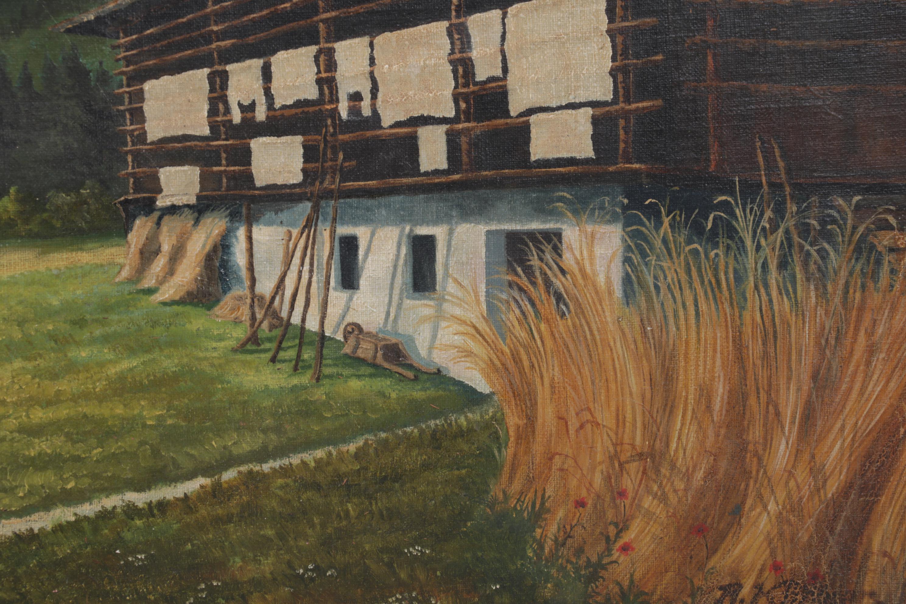 Mountain Valley Barn Oil Painting, Mid-20th Century