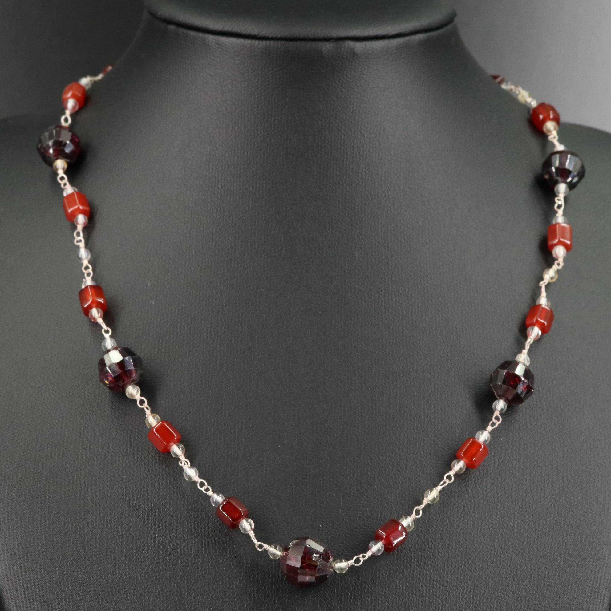 Sterling Garnet, Carneliar, and Rocky Crystal Quartz Necklace