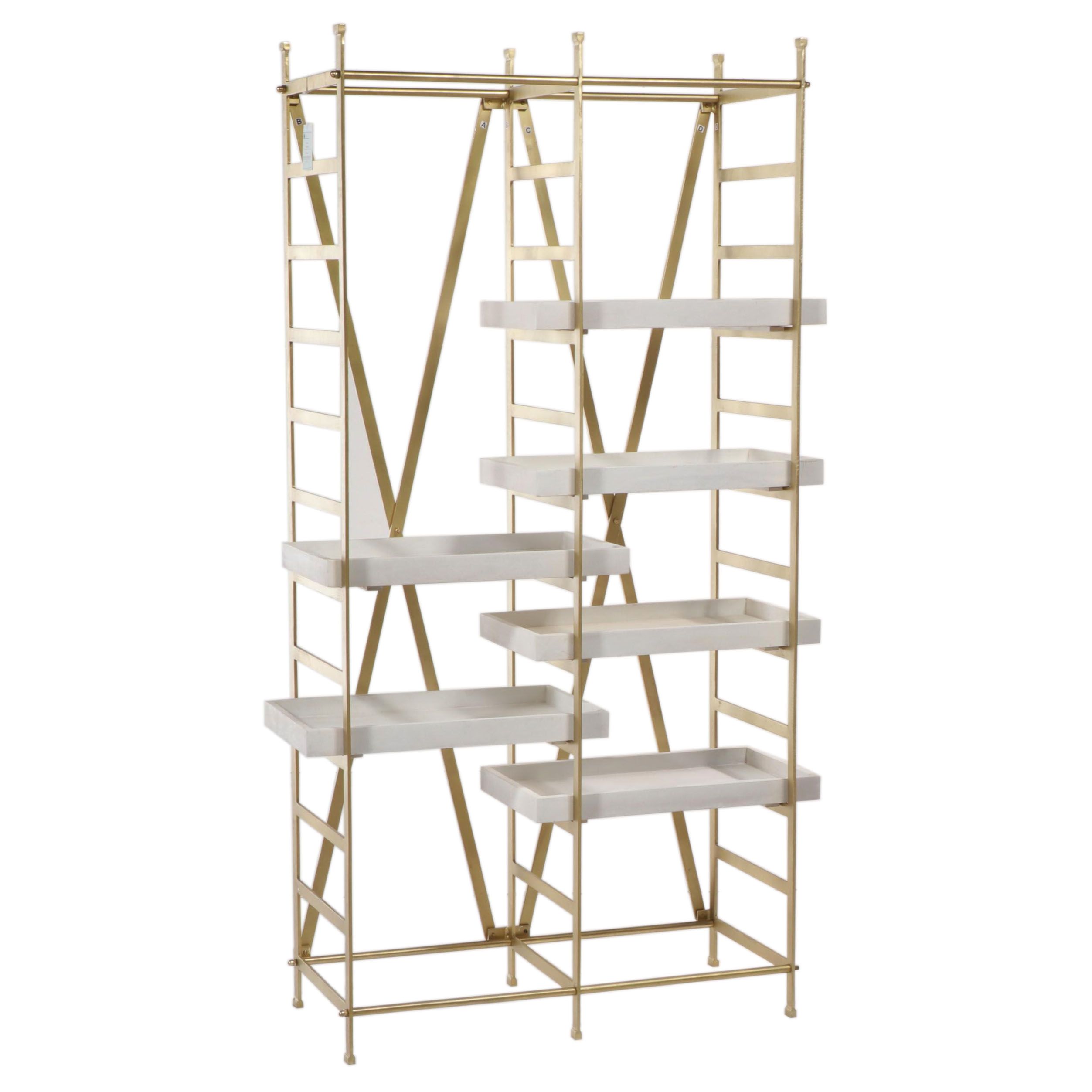 Contemporary Brassed Metal and Adjustable Wooden Tray Shelf