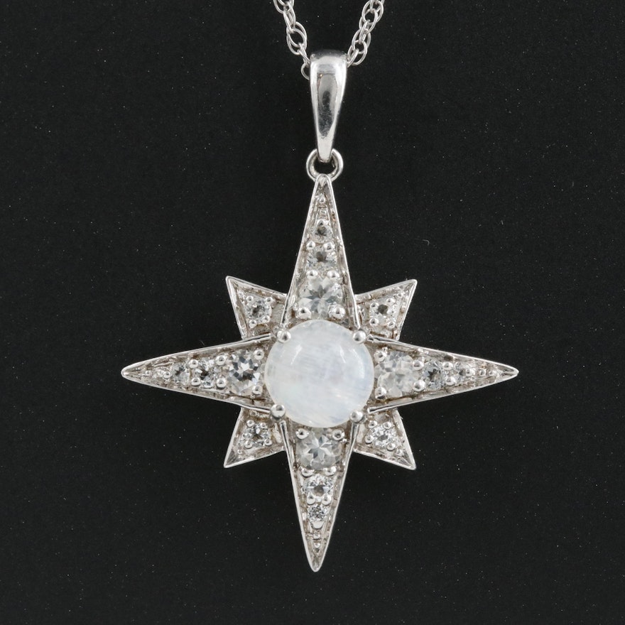 Sterling Rainbow Moonstone and Topaz Starburst Pendant Necklace
