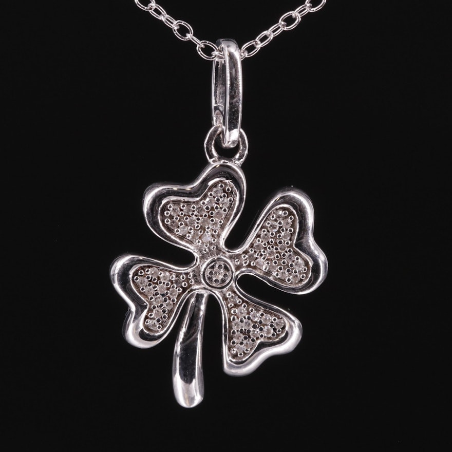 Sterling Diamond Four Leaf Clover Pendant Necklace